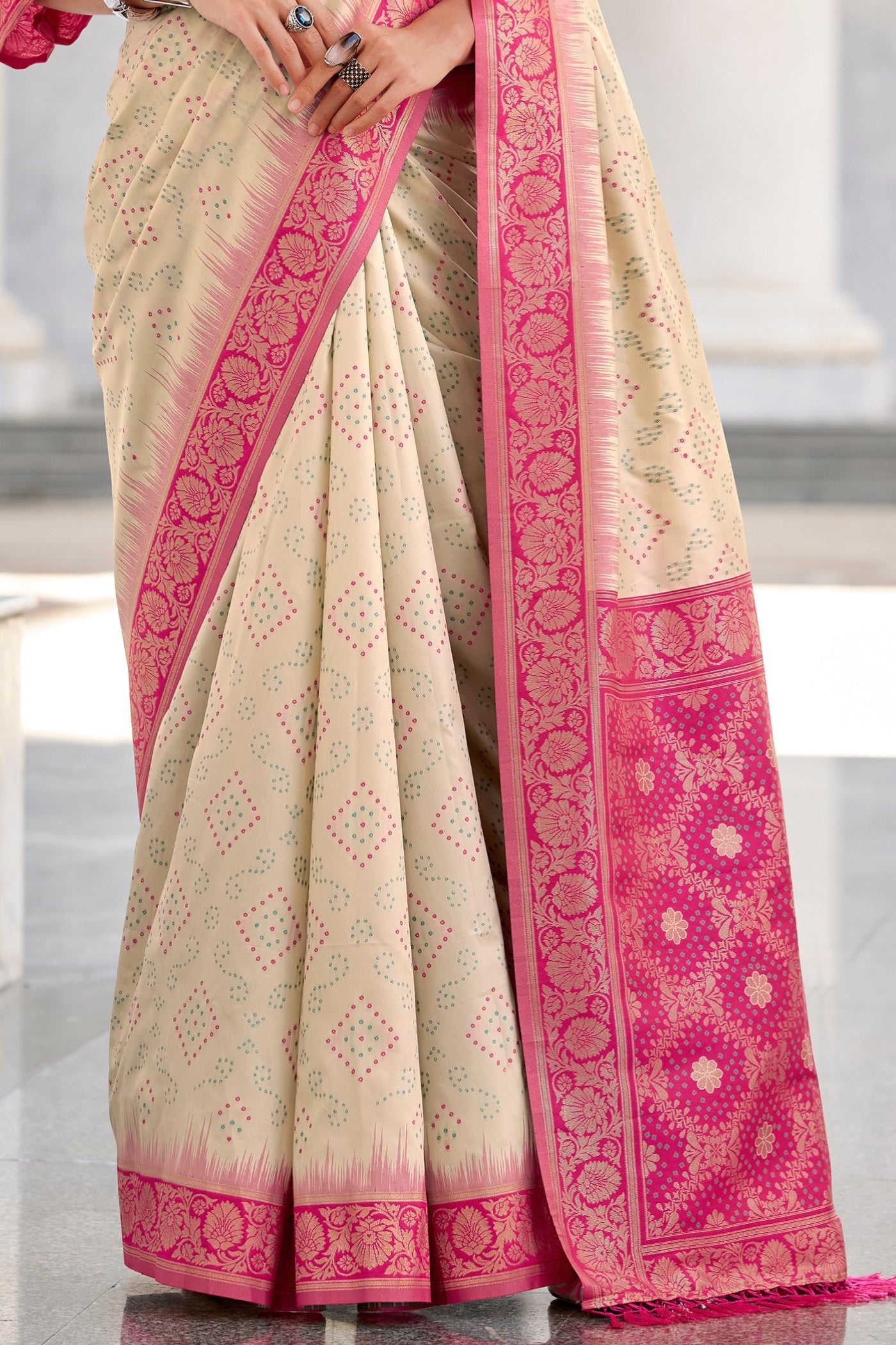 Buy MySilkLove Grain Cream Woven Banarasi Bandhani Soft Silk Saree Online