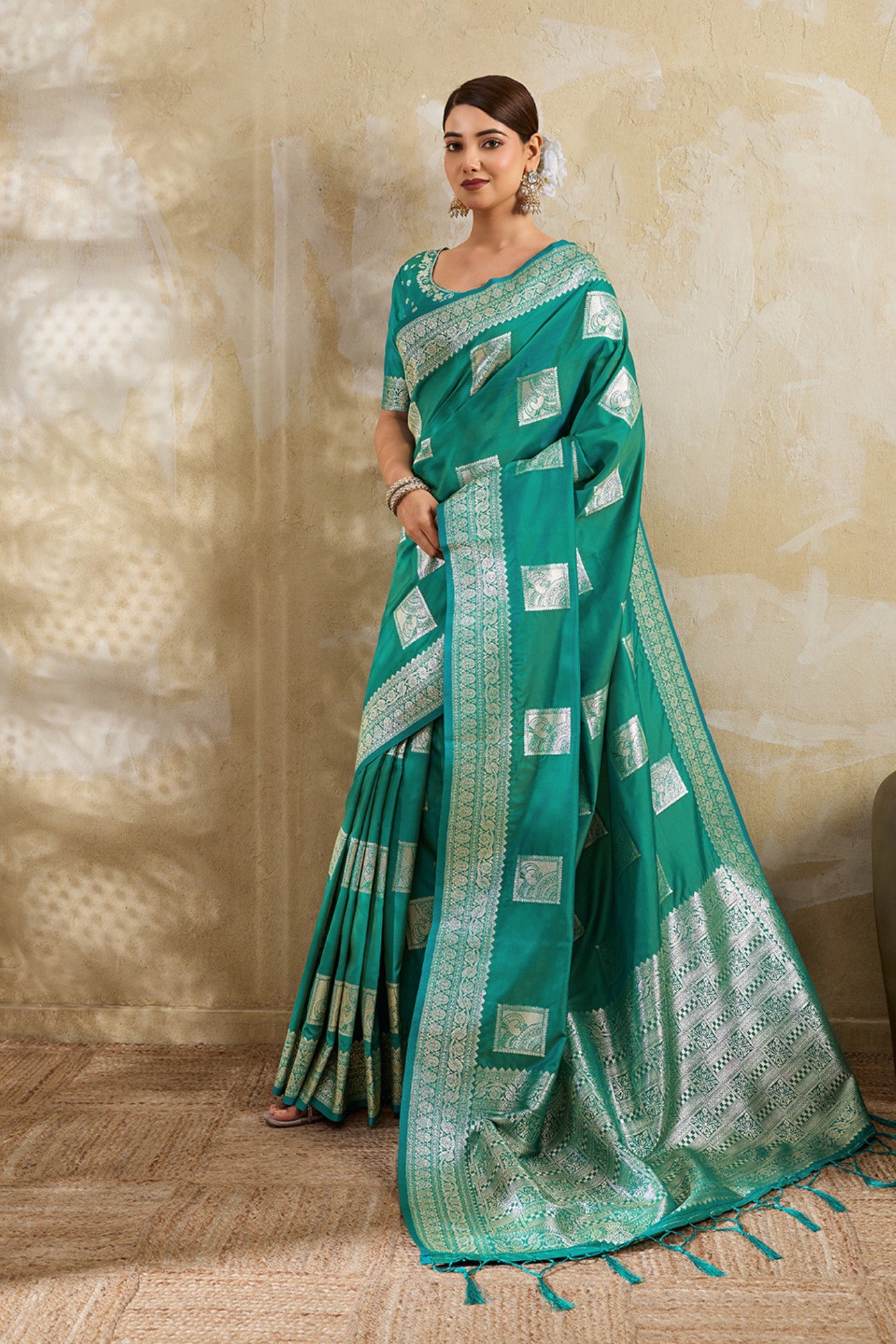 Buy MySilkLove Myrtle Green Woven Banarasi Soft Silk Saree Online