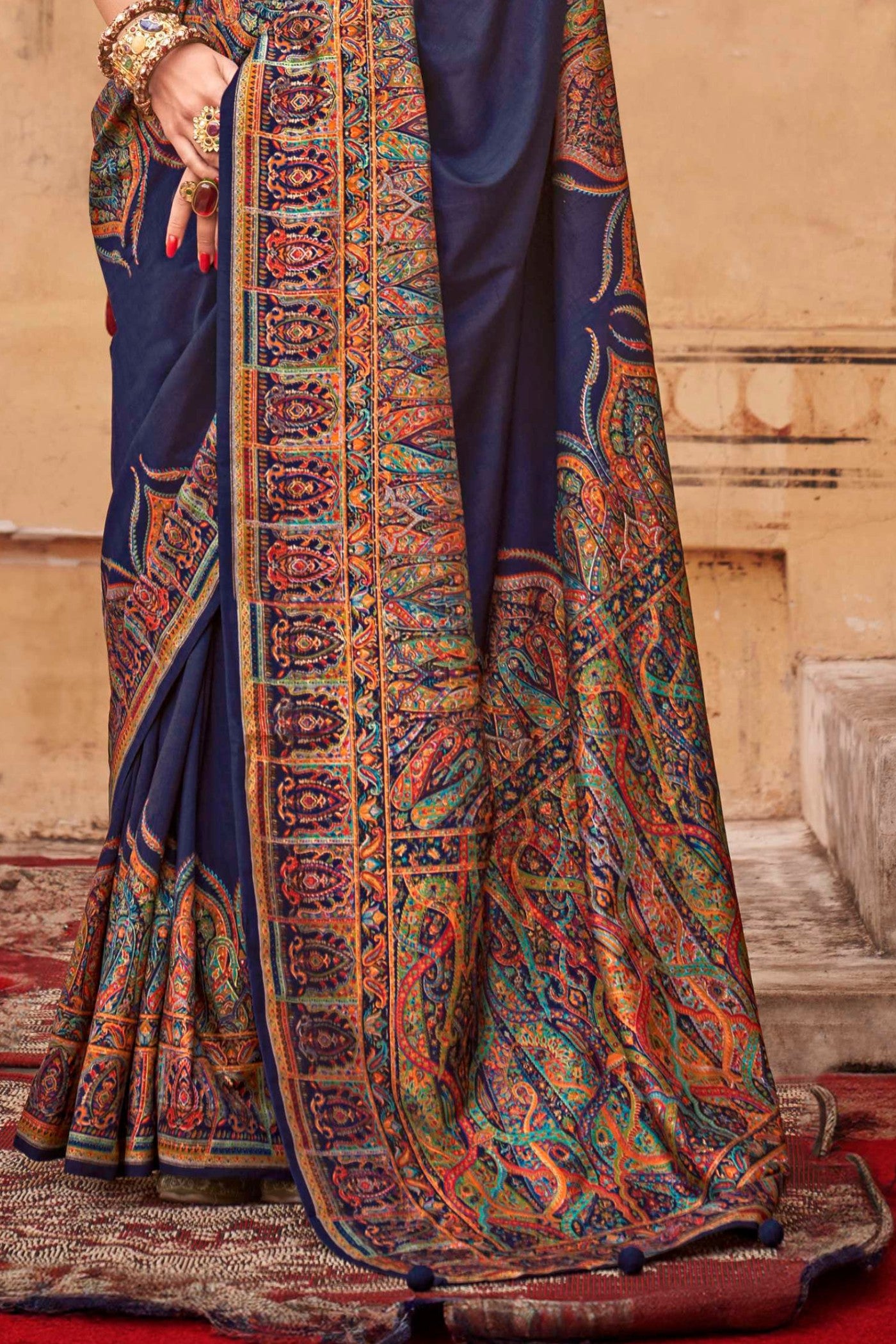 Buy MySilkLove Mulled Wine Blue Printed Jamawar Saree Online