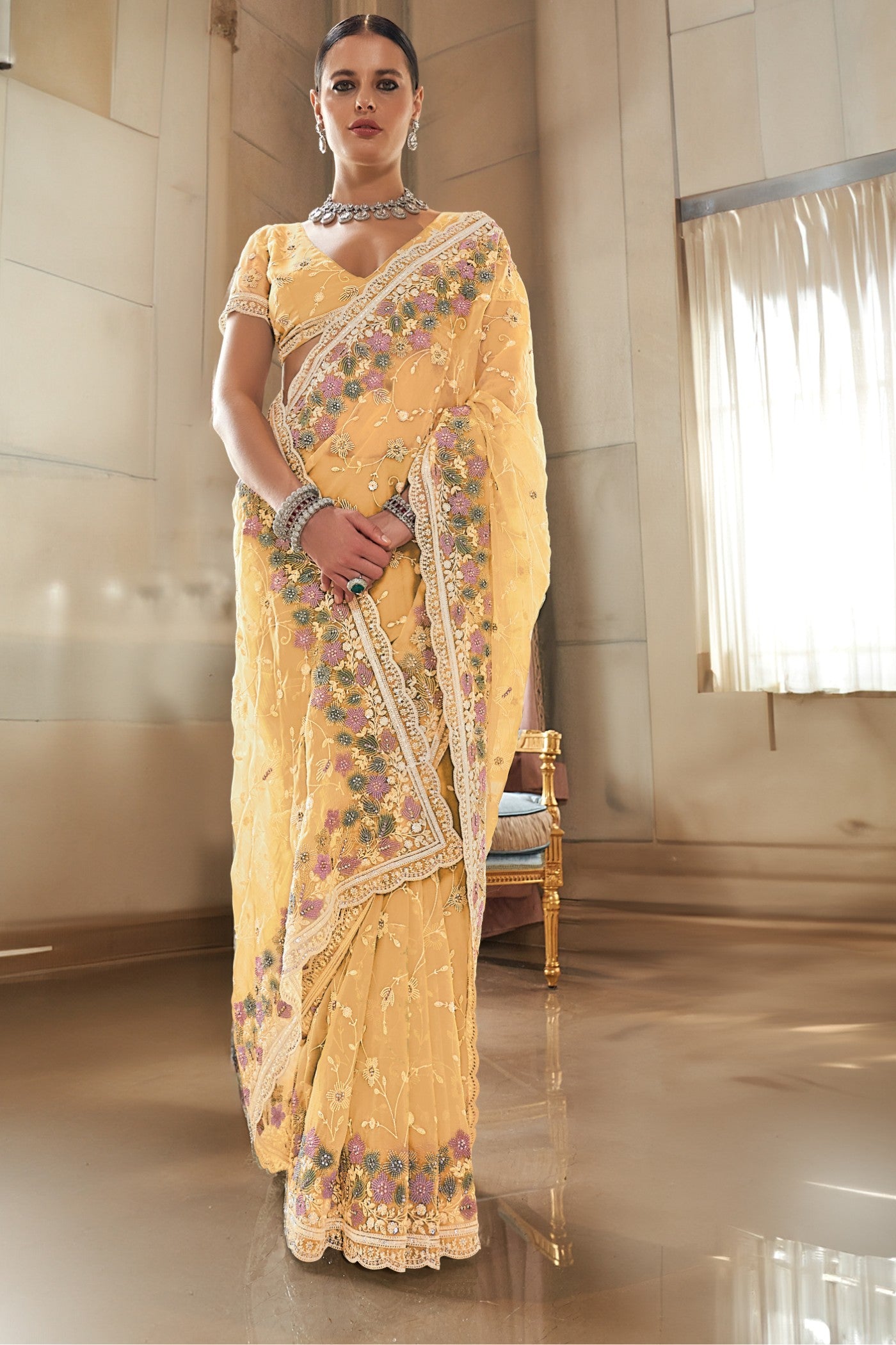 Buy MySilkLove Rajah Yellow Embroidery Designer Saree Online