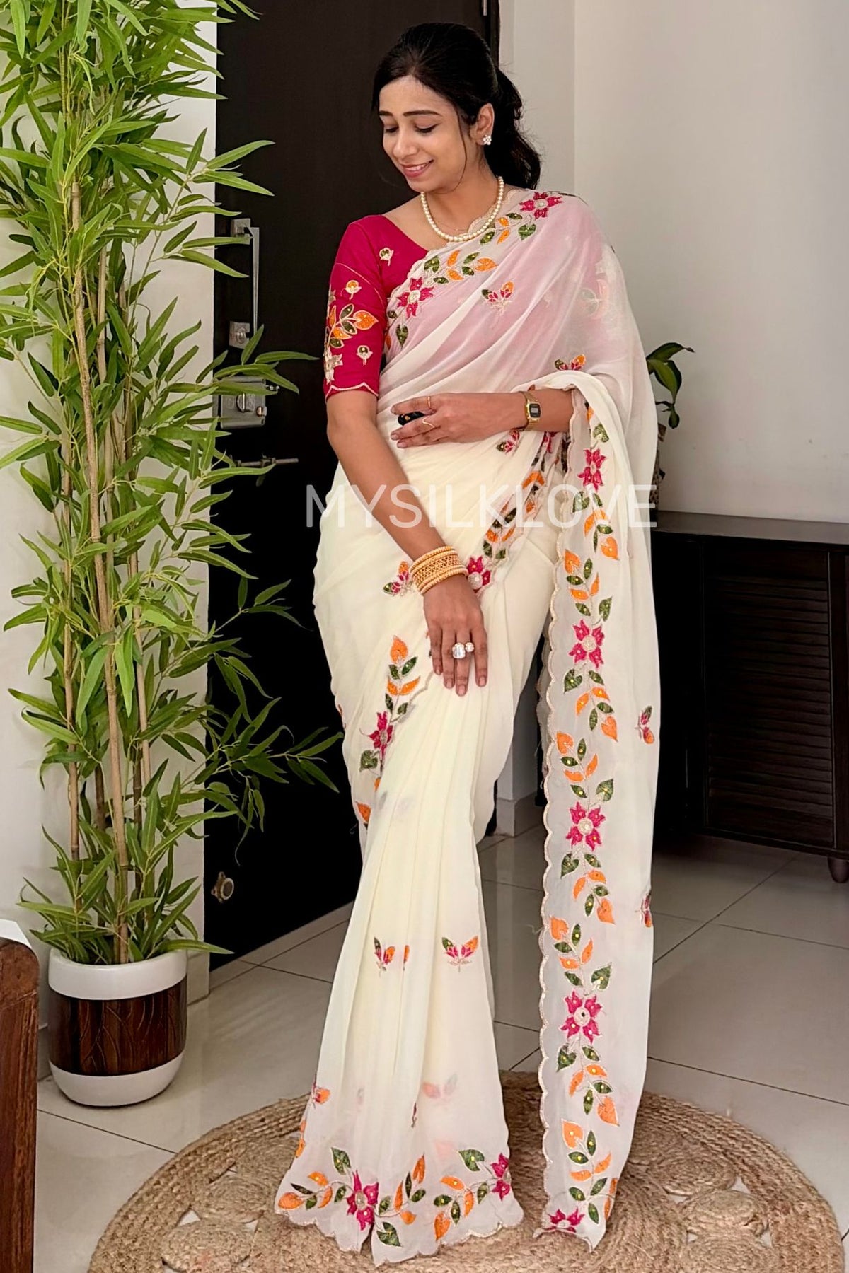 Buy MySilkLove Frost White Designer Embroidered Georgette Saree with Embroidery Blouse Piece Online