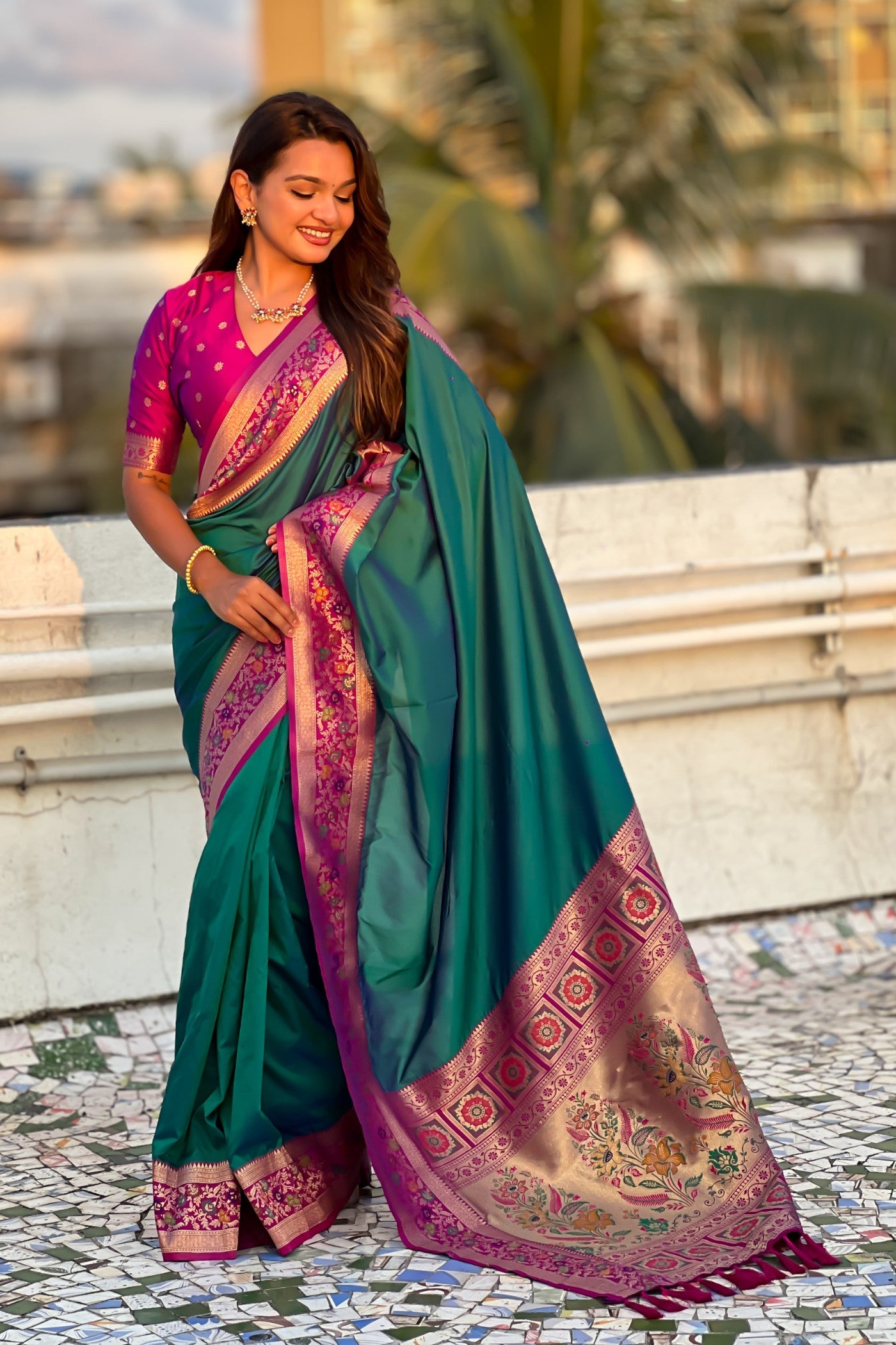 Buy MySilkLove Teal Green and Pink Zari Woven Paithani Saree Online