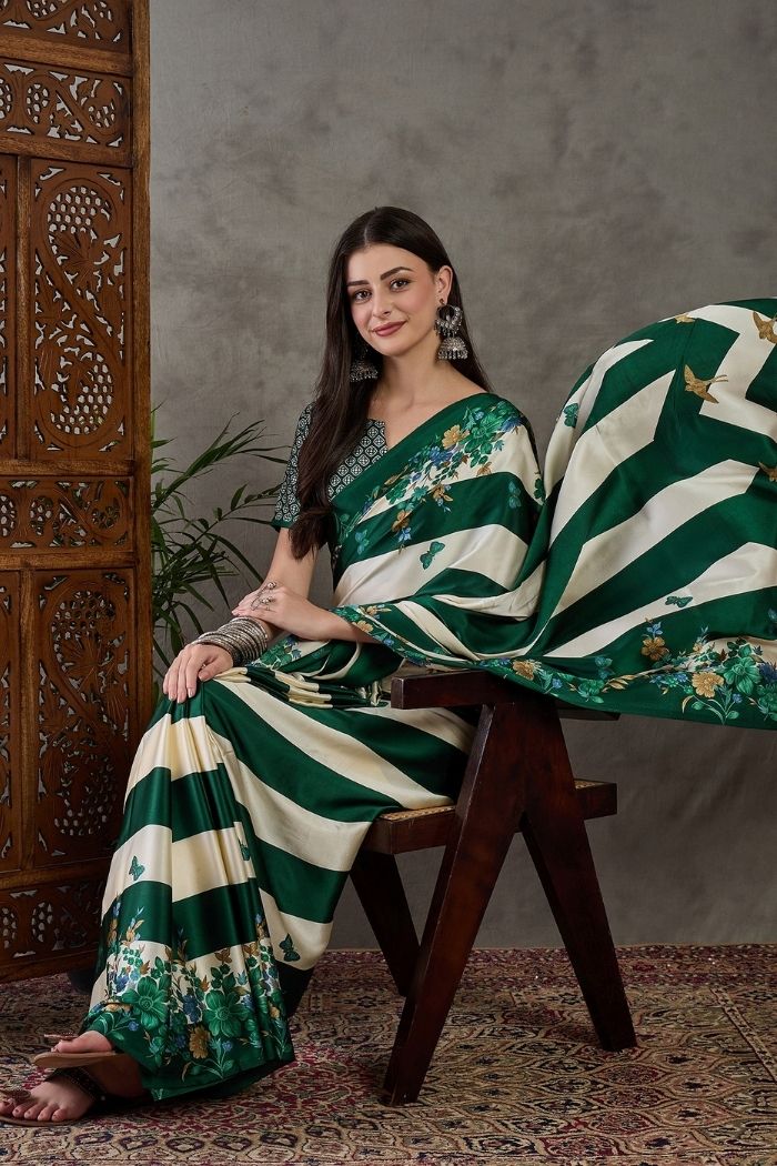 Buy MySilkLove Tree Green Stripe Printed Floral Satin Gaji Silk Saree Online