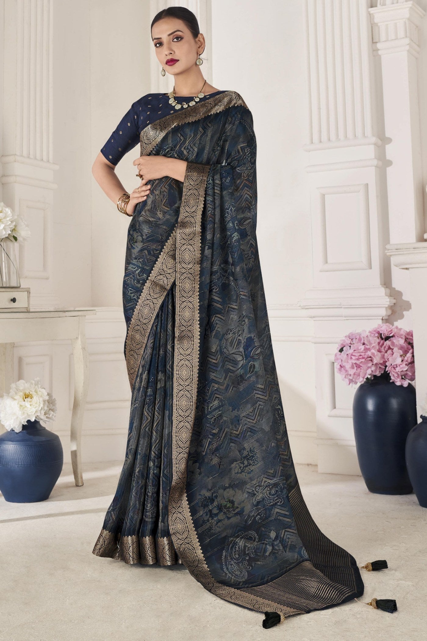 Buy MySilkLove Tuna Blue Banarasi Silk Saree Online