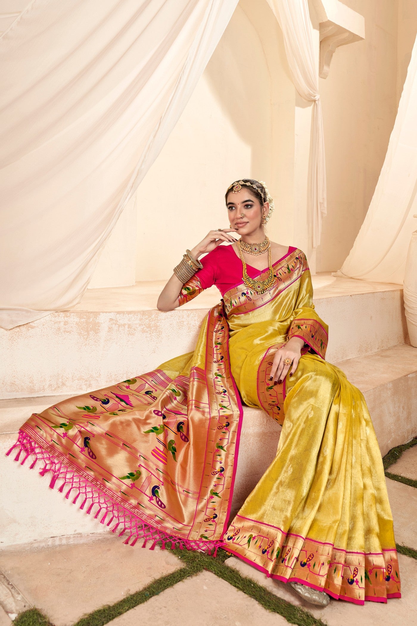 Buy MySilkLove Bee Yellow Zari Woven Paithani Tissue Saree Online