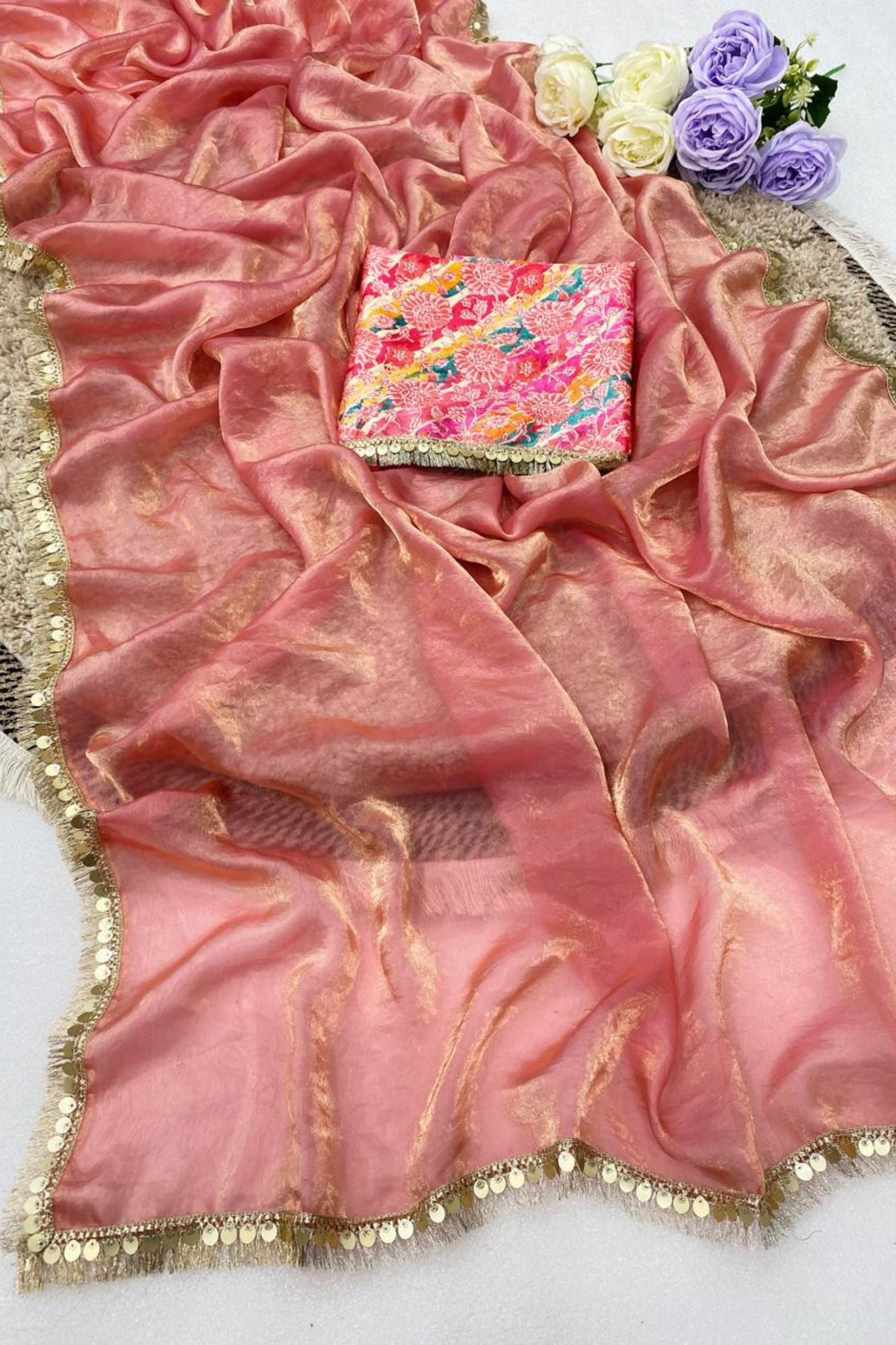 Buy MySilkLove Alabaster White Fancy Tissue Lace Saree With Printed Blouse Online