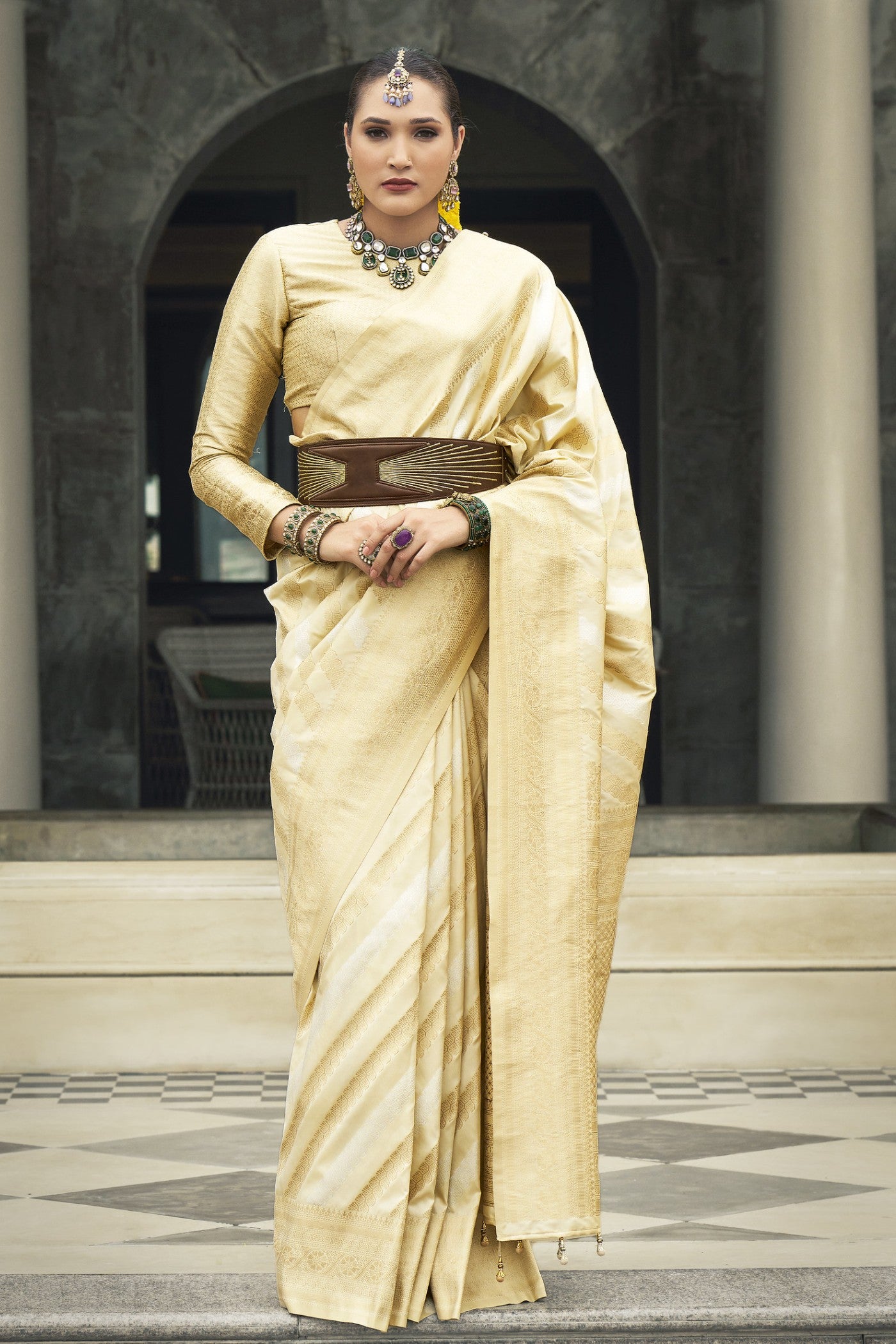 Buy MySilkLove Hampton Cream Woven Banarasi Saree Online