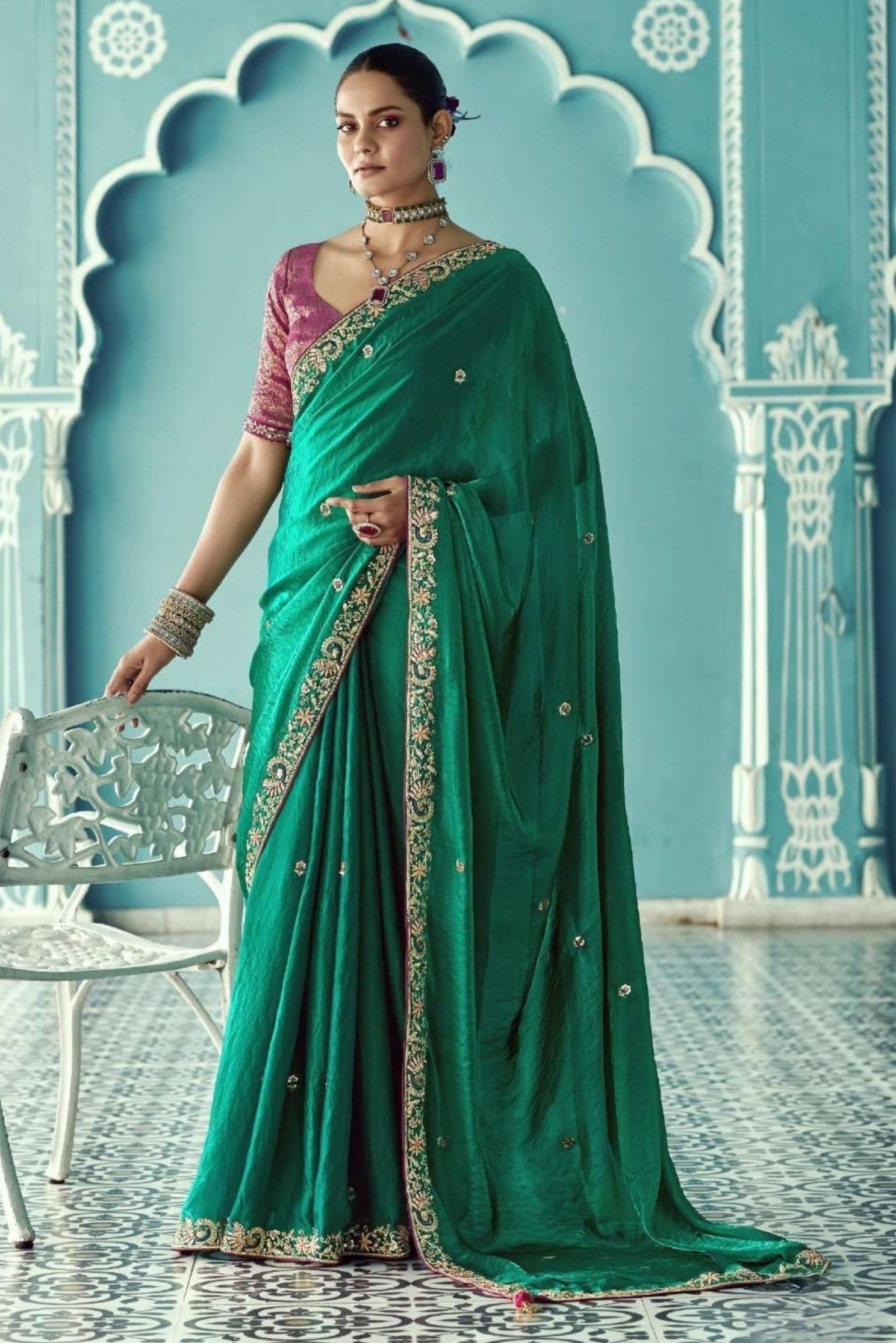 Buy MySilkLove Turtle Green Embroidered Tissue Designer Saree Online