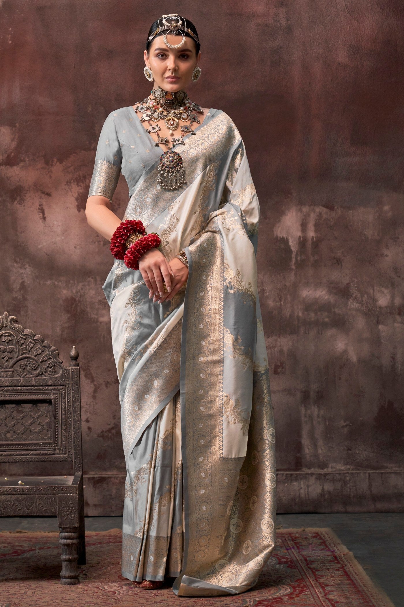 Buy MySilkLove Pale Oyster Grey Rangkaat Handloom Banarasi Saree Online