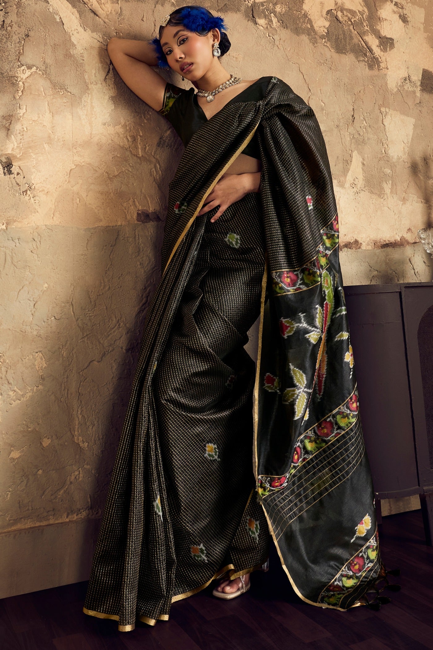 Buy MySilkLove Asphalt Black Tussar Paithani Fusion Handloom Saree Online