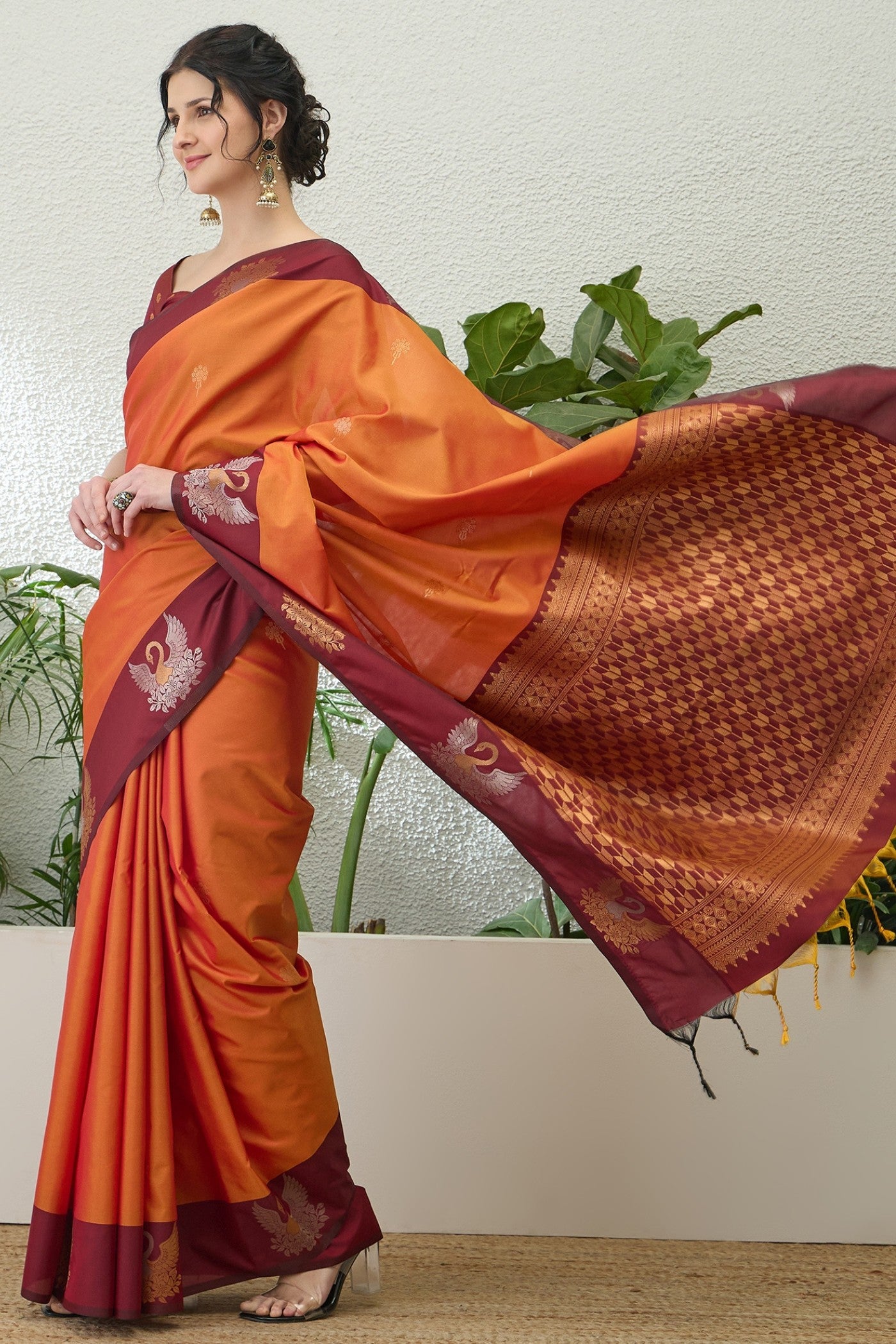 Buy MySilkLove Melon Orange Banarasi Handloom Soft Silk Saree Online