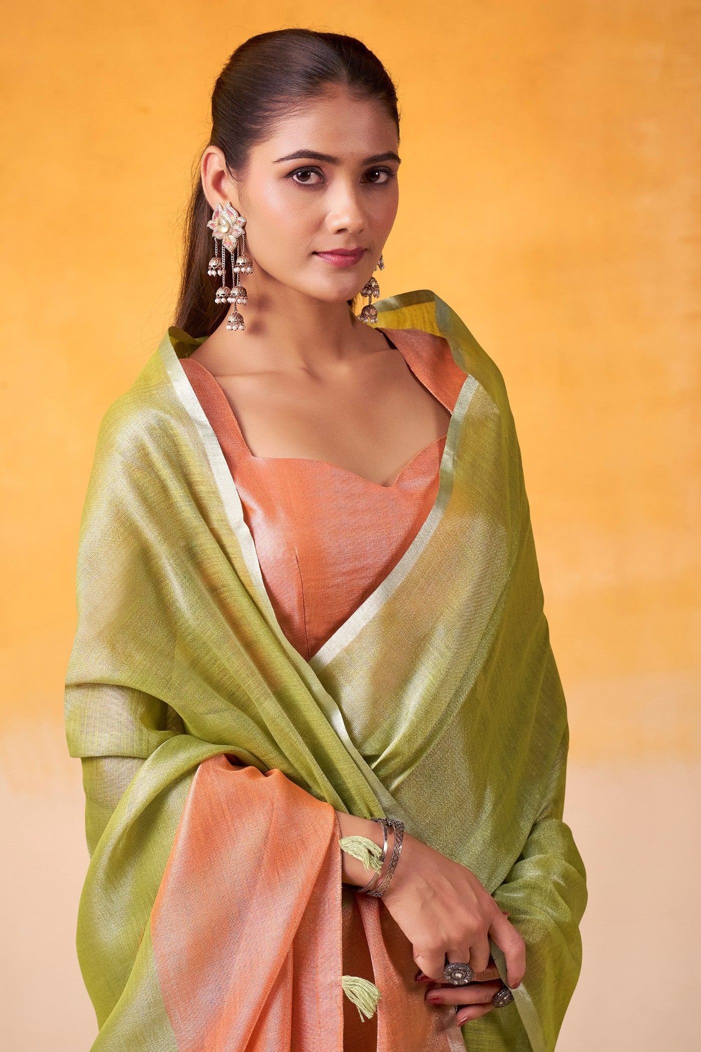 MySilkLove Tea Green and Orange Woven Tissue Silk Saree