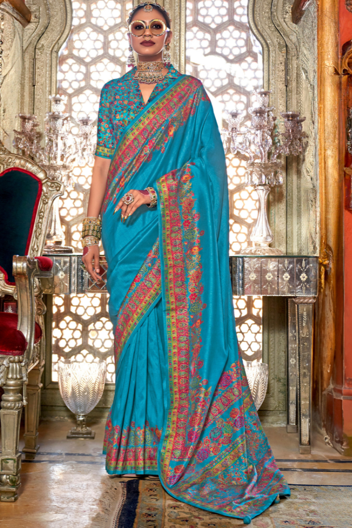 Buy MySilkLove Curious Blue Printed Banarasi Saree Online