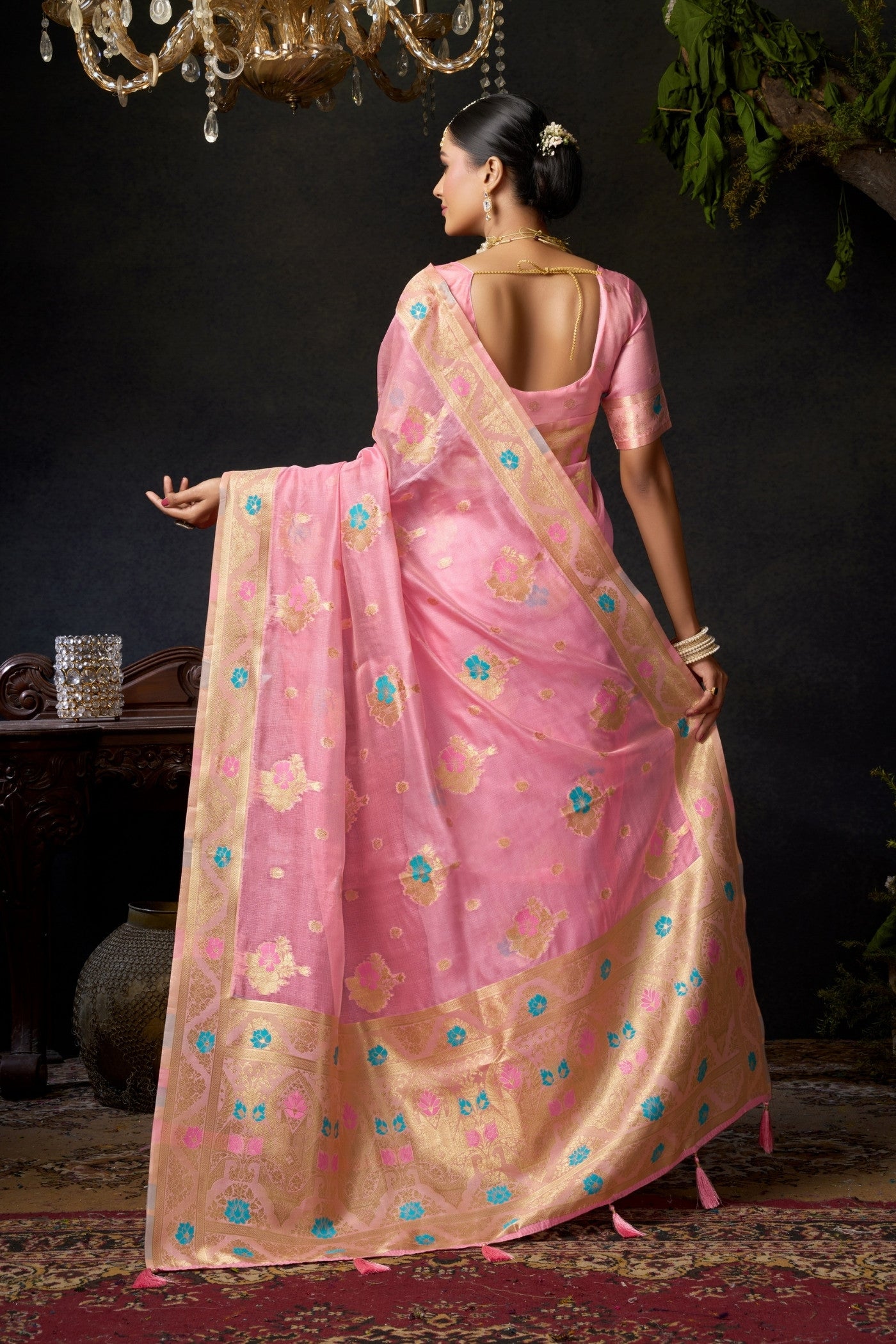 Buy MySilkLove Blossom Pink Woven Banarasi Organza Saree Online