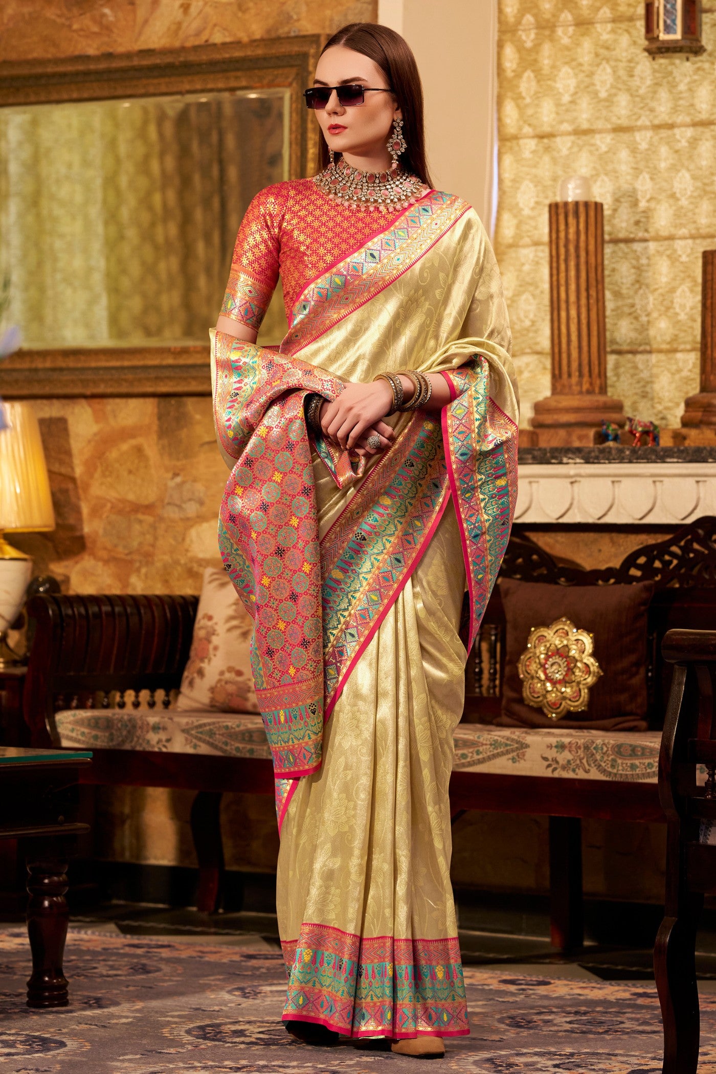 Buy MySilkLove Almond Beige Zari Woven Tissue Silk Saree Online