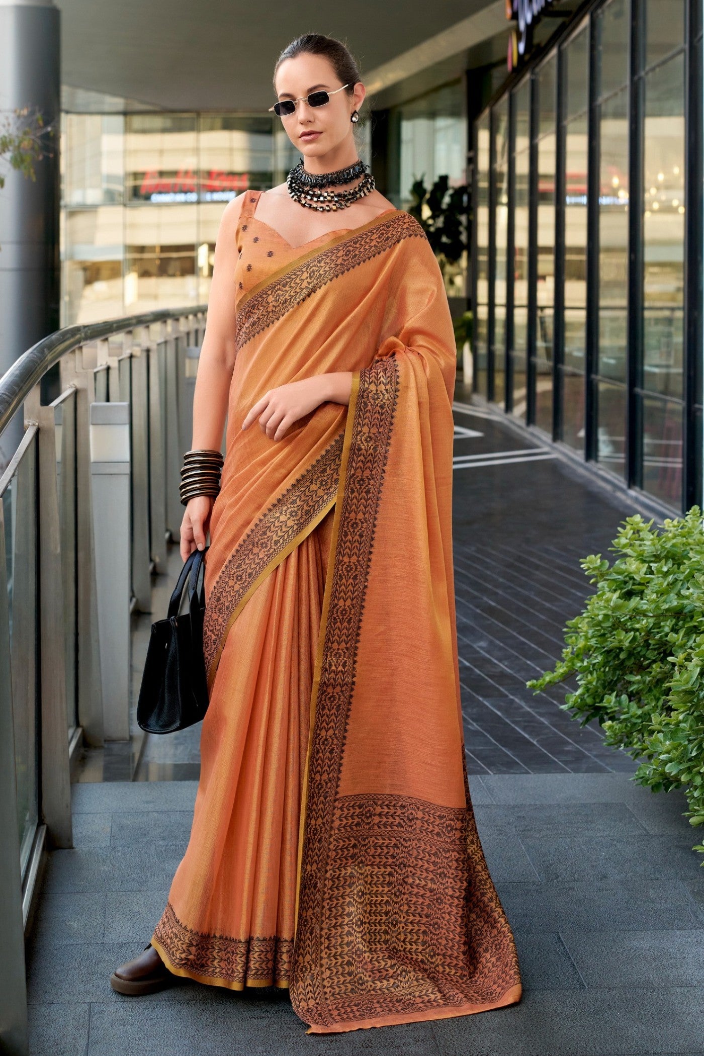 Buy MySilkLove Tiget Orange Linen Tissue Silk Saree Online