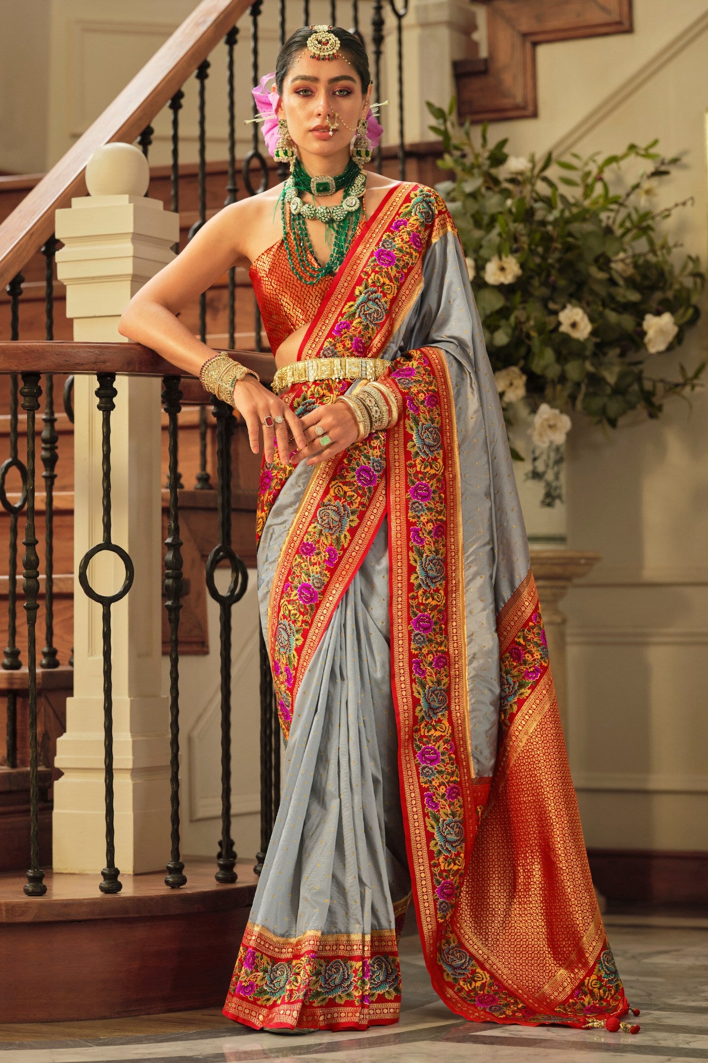 Buy MySilkLove Natural Grey Printed Banarasi Saree Online