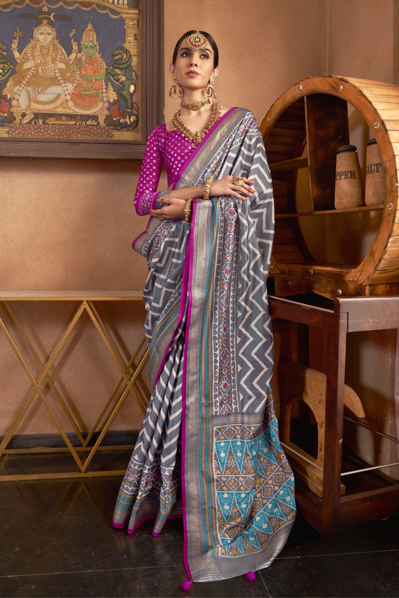 Buy MySilkLove Nobel Grey Printed Patola Saree Online