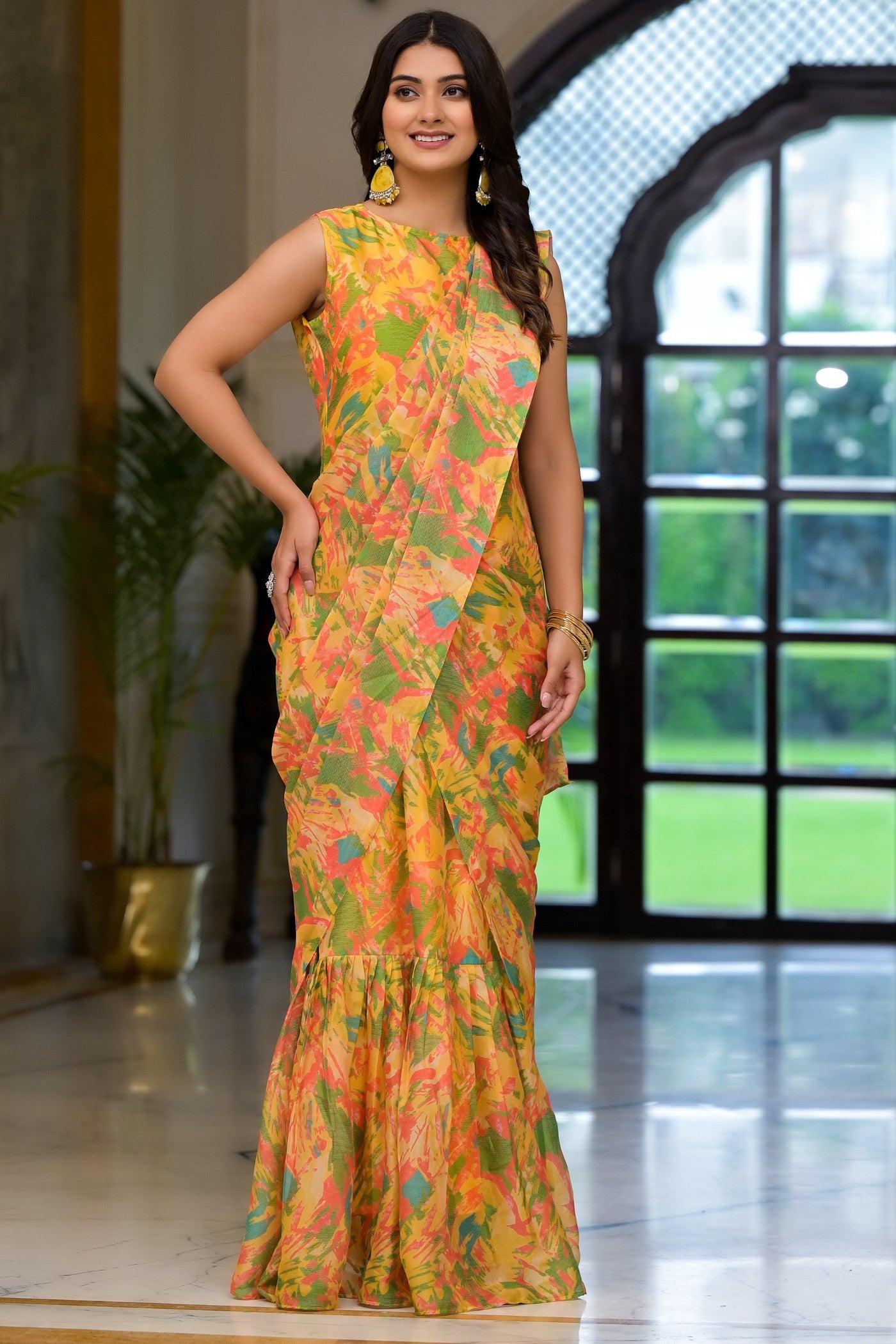 Buy MySilkLove Tulip Yellow Ready To Wear Gown Style Georgette Saree Online