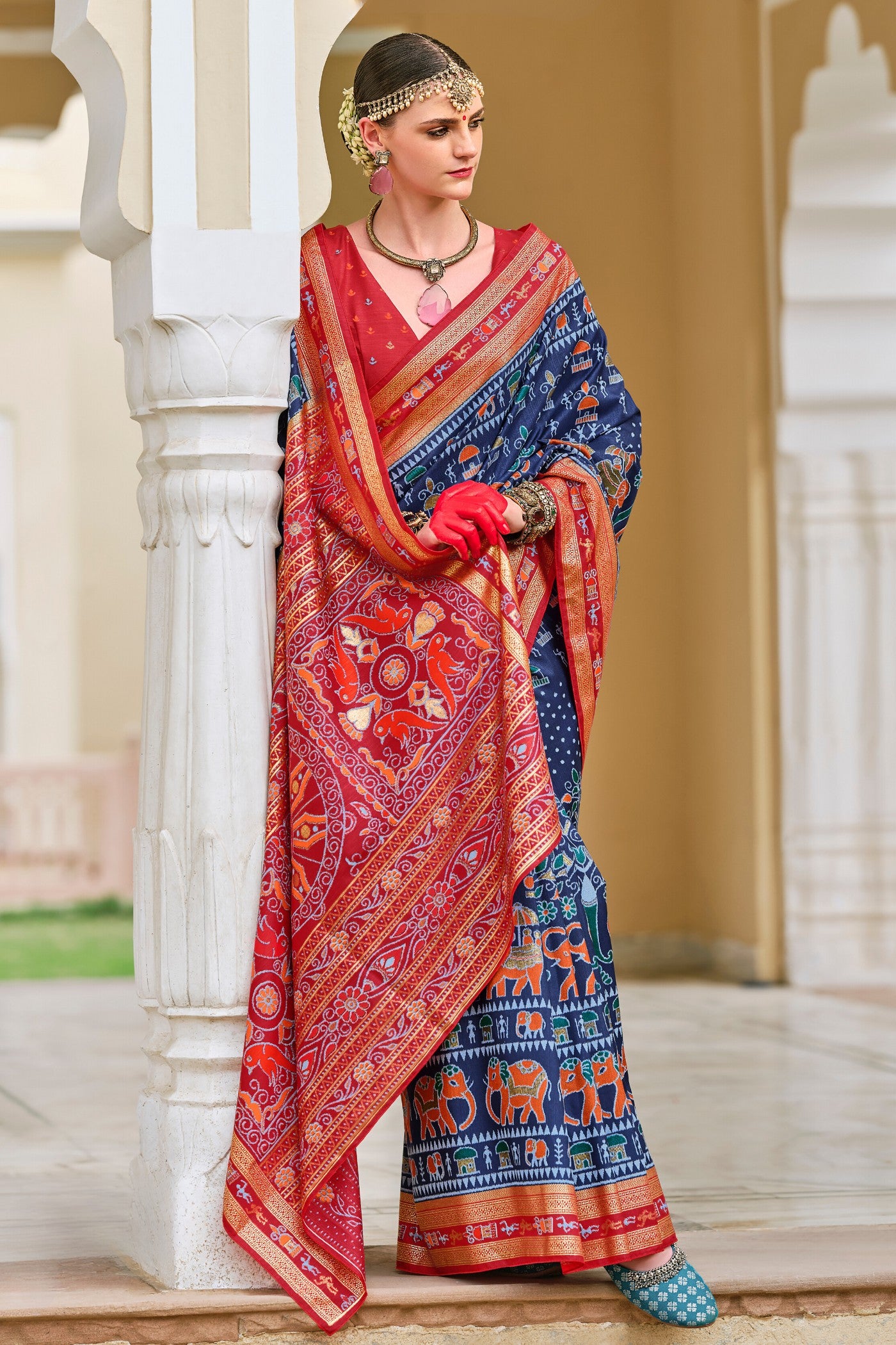 Buy MySilkLove Oxford Blue and Red Printed Patola Saree Online