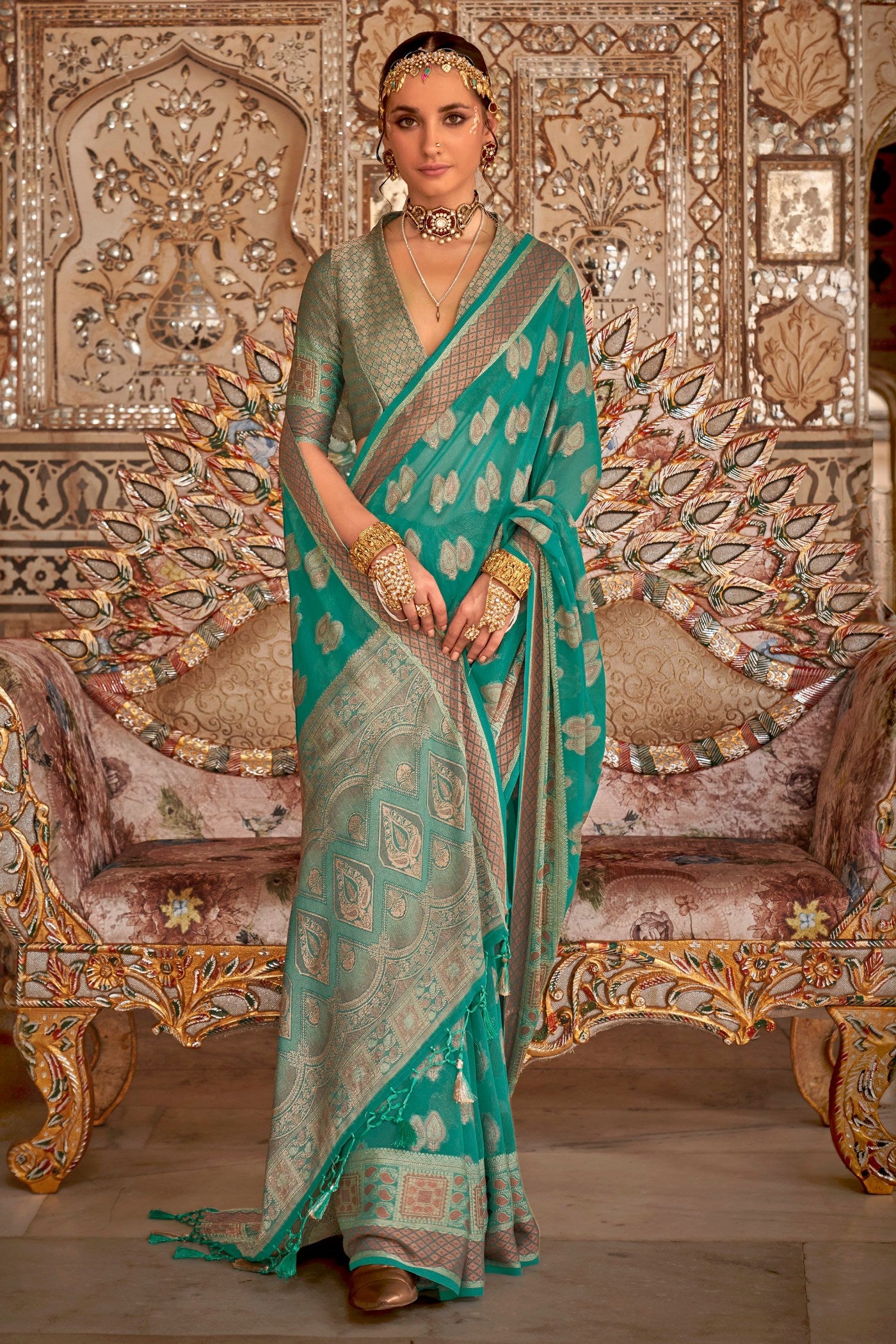 Buy MySilkLove Summer Green Zari Woven Georgette Saree Online