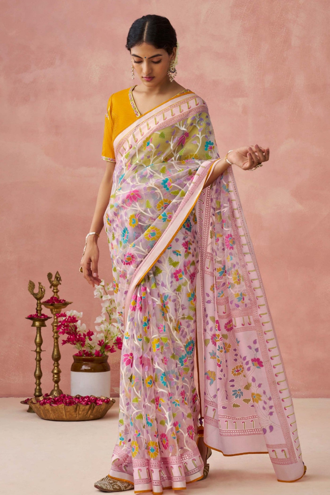 Buy MySilkLove Quicksand Pink Brasso Organza Printed Saree Online