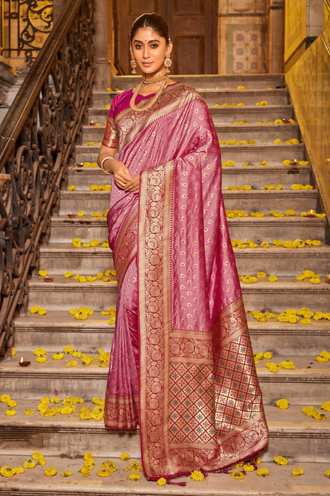 Buy MySilkLove Contessa Pink Zari Woven Banarasi Saree Online