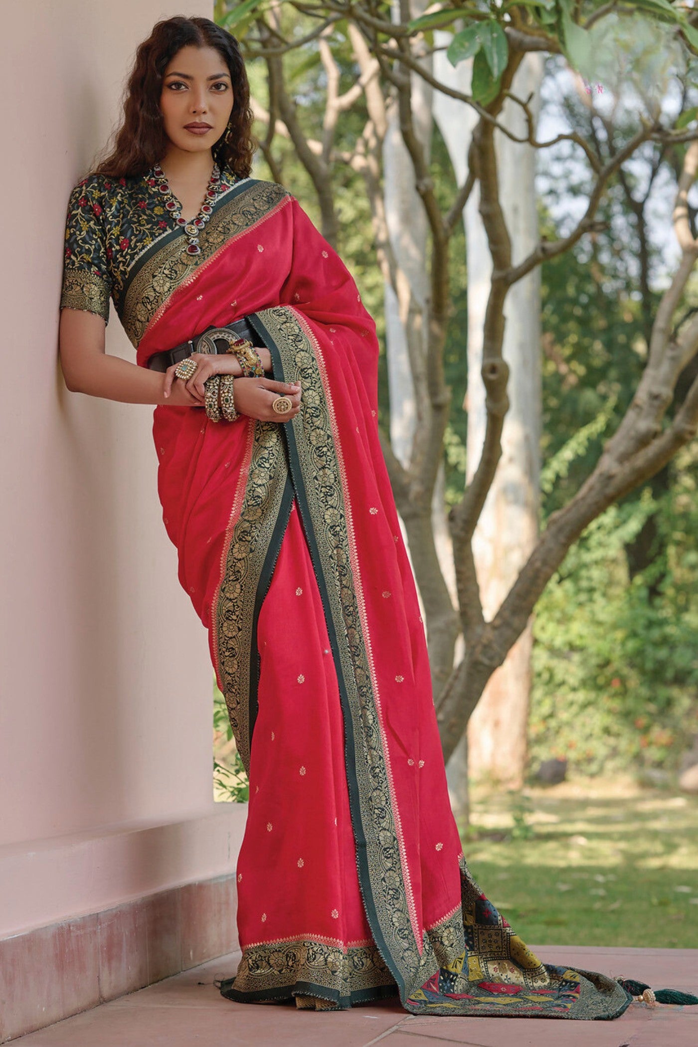 Buy MySilkLove Brick Red and Green Banarasi Handloom Saree Online