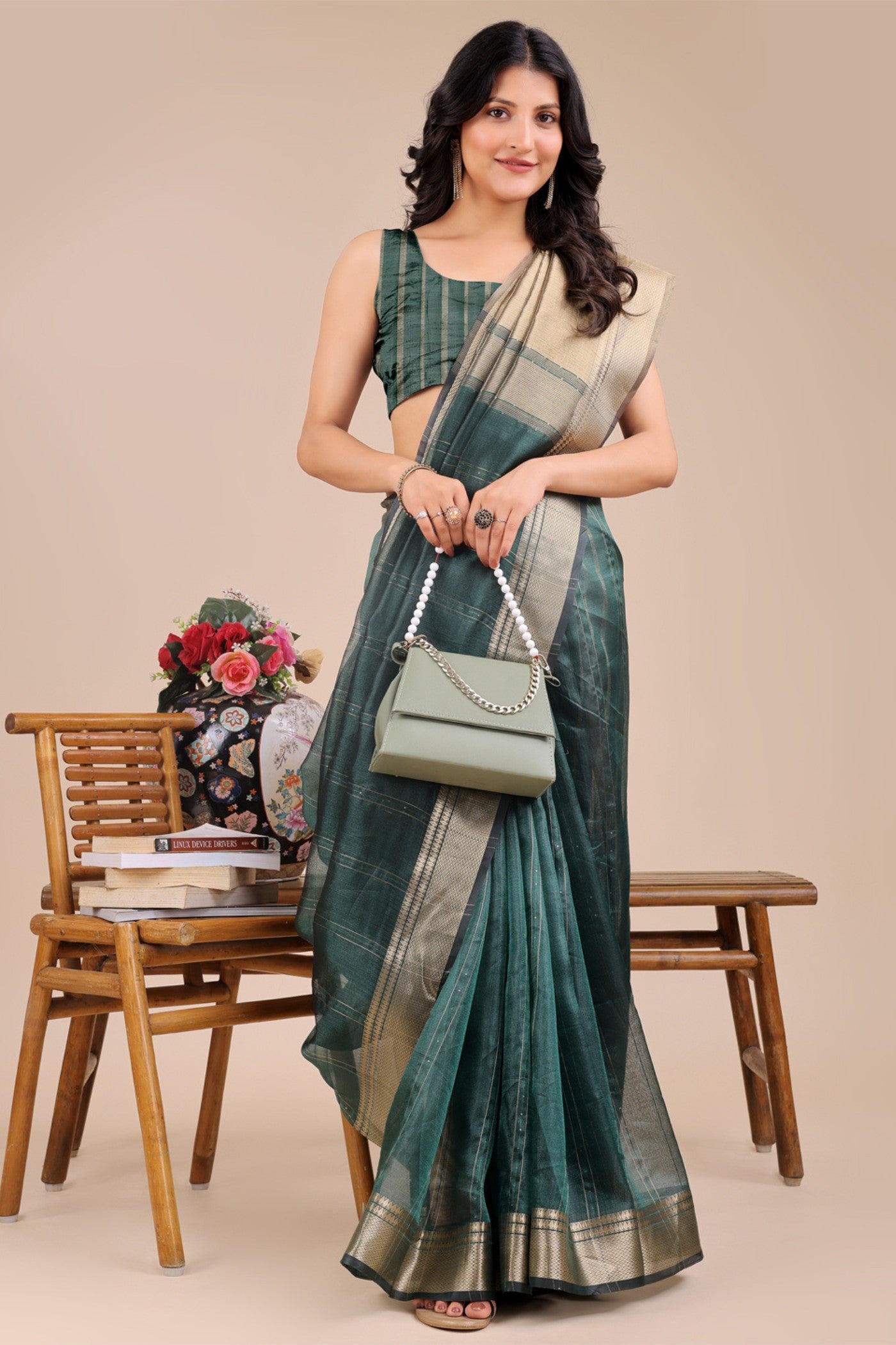 MySilkLove Sea Green Woven Organza Saree