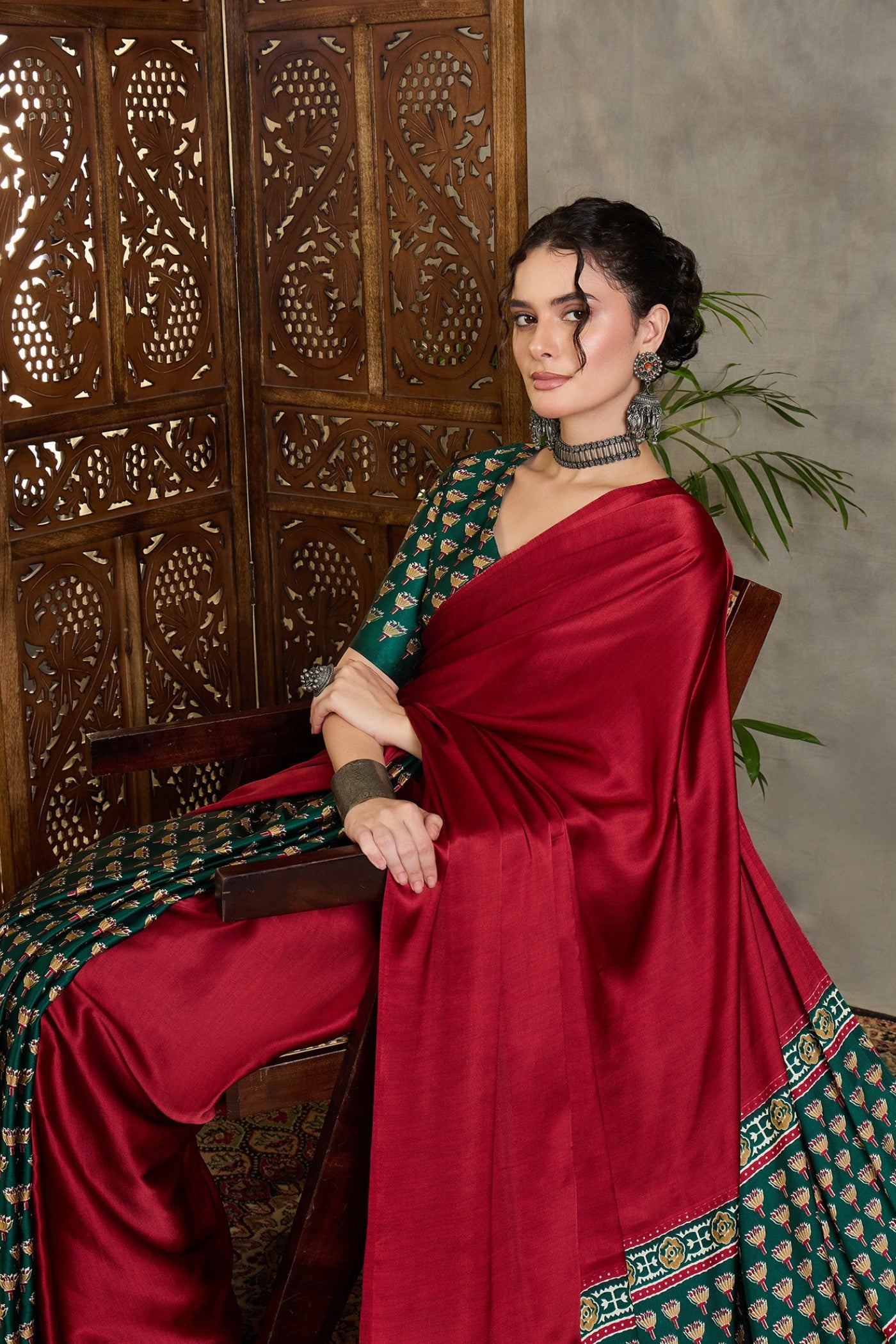 Buy MySilkLove Fire Red and Green Ajrakh Printed Satin Crepe Silk Saree Online