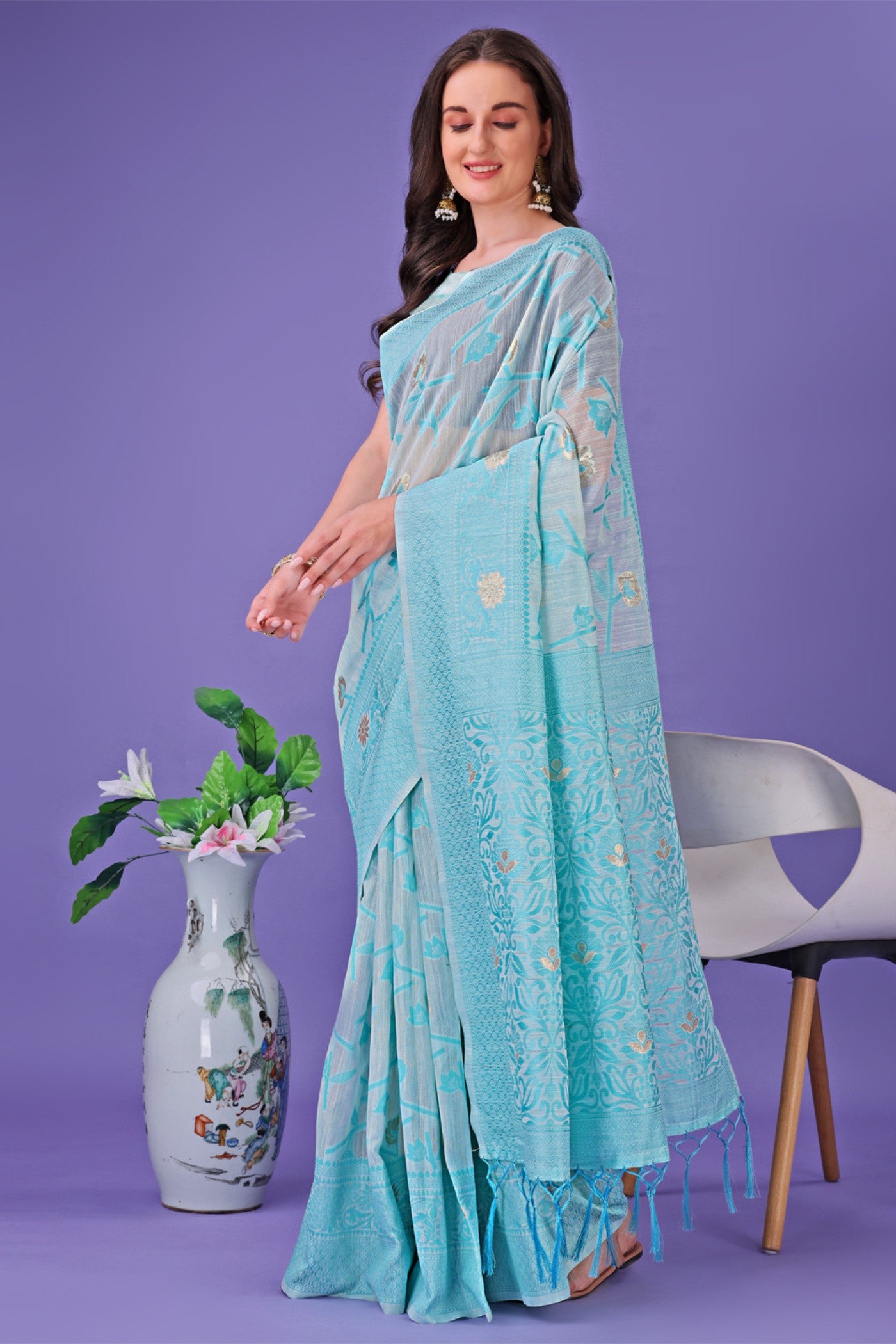Buy MySilkLove Water Blue Linen Cotton Saree Online