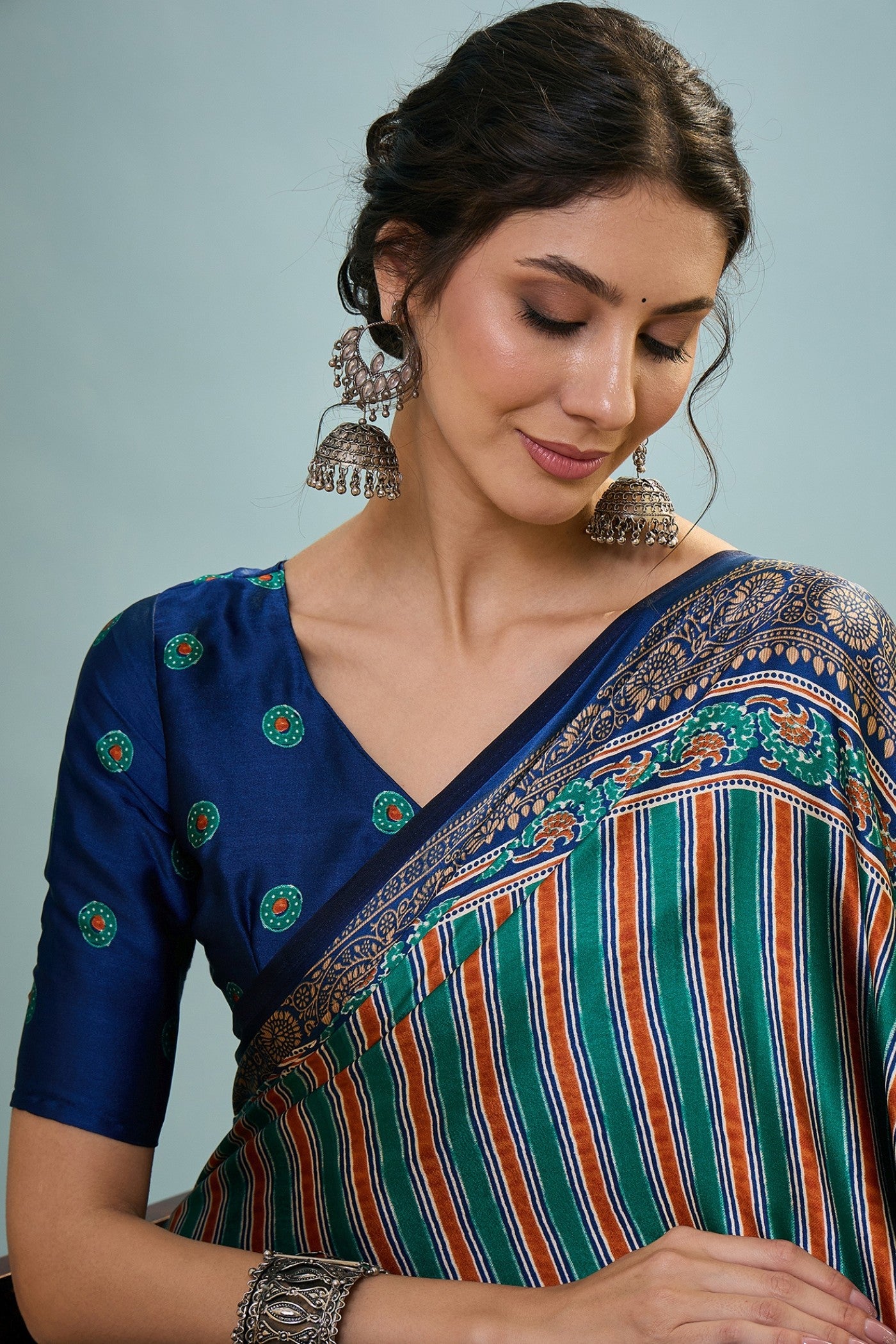 Buy MySilkLove Runic Blue Ajrakh Printed Satin Crepe Silk Saree Online