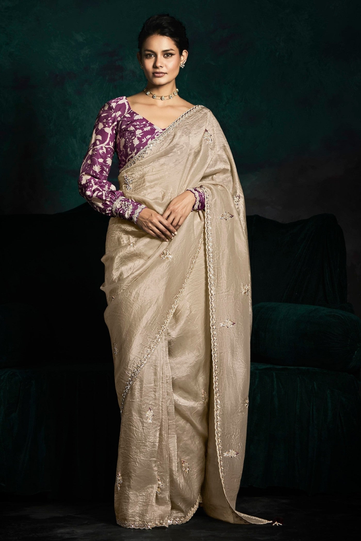 Buy MySilkLove Maize Cream Embroidered Tissue Designer Saree Online