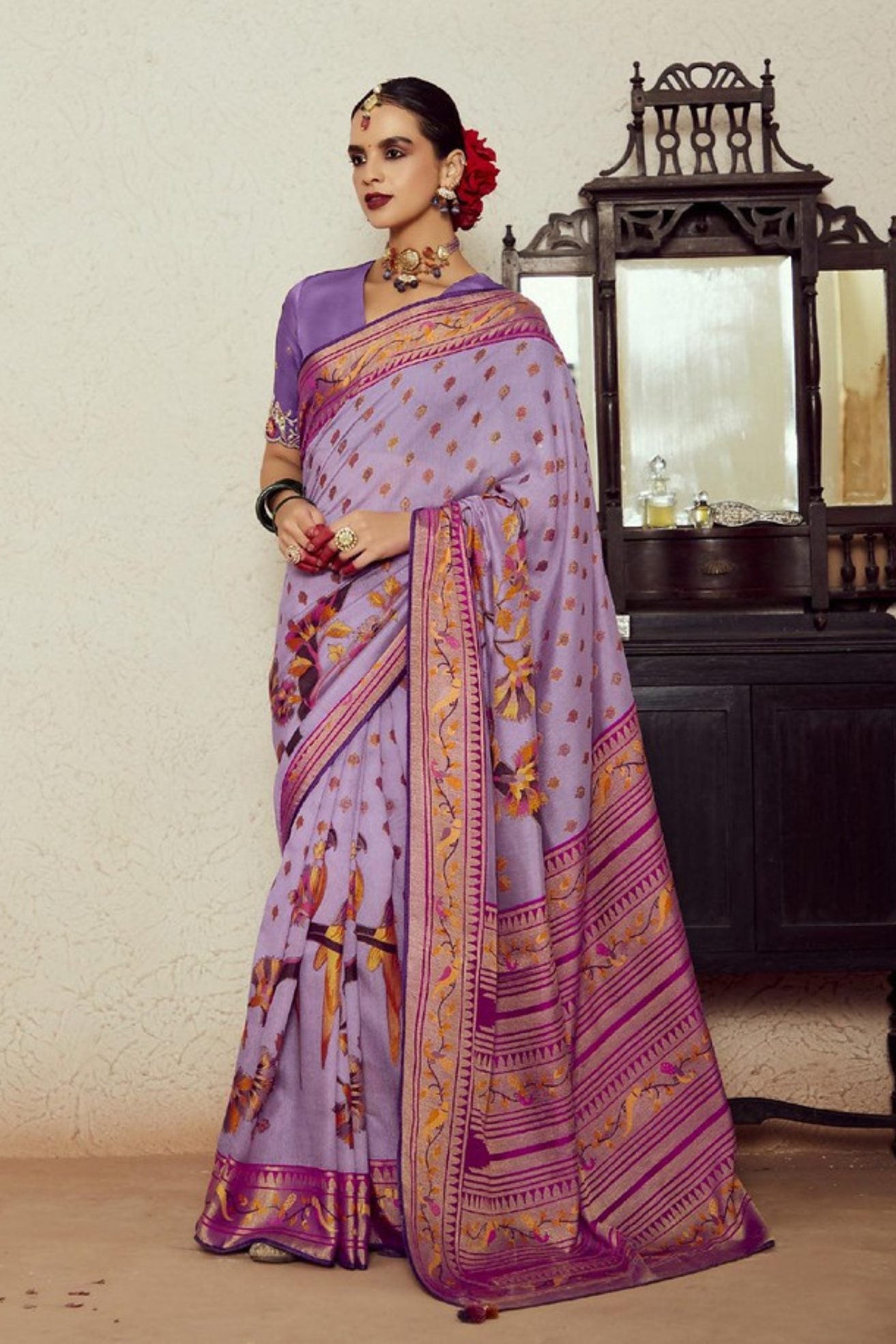 Buy MySilkLove Glossy Grape Lavender Printed Brasso Soft Silk Saree Online