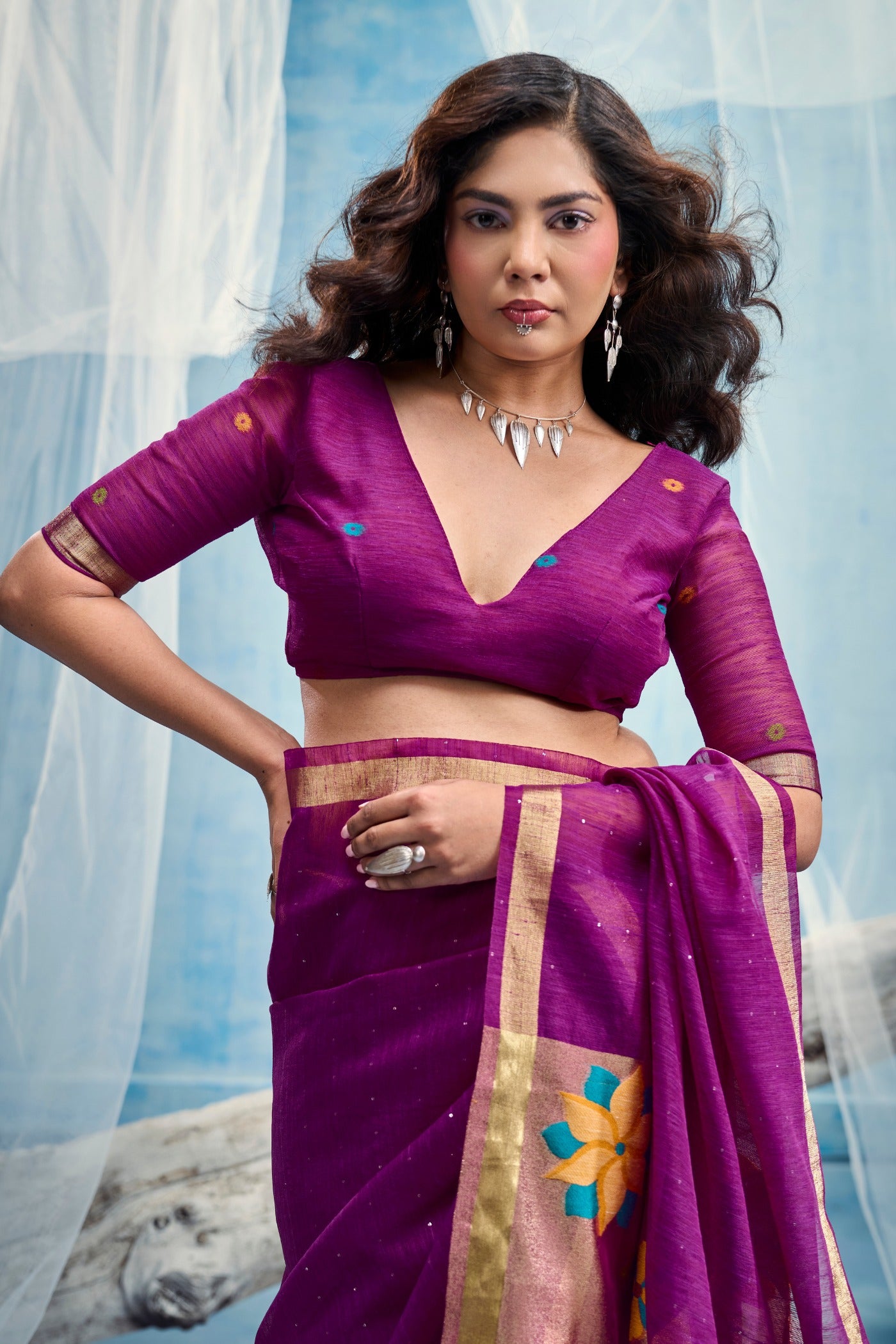 Buy MySilkLove Plum Purple Munga Handloom Tissue Pallu Saree Online