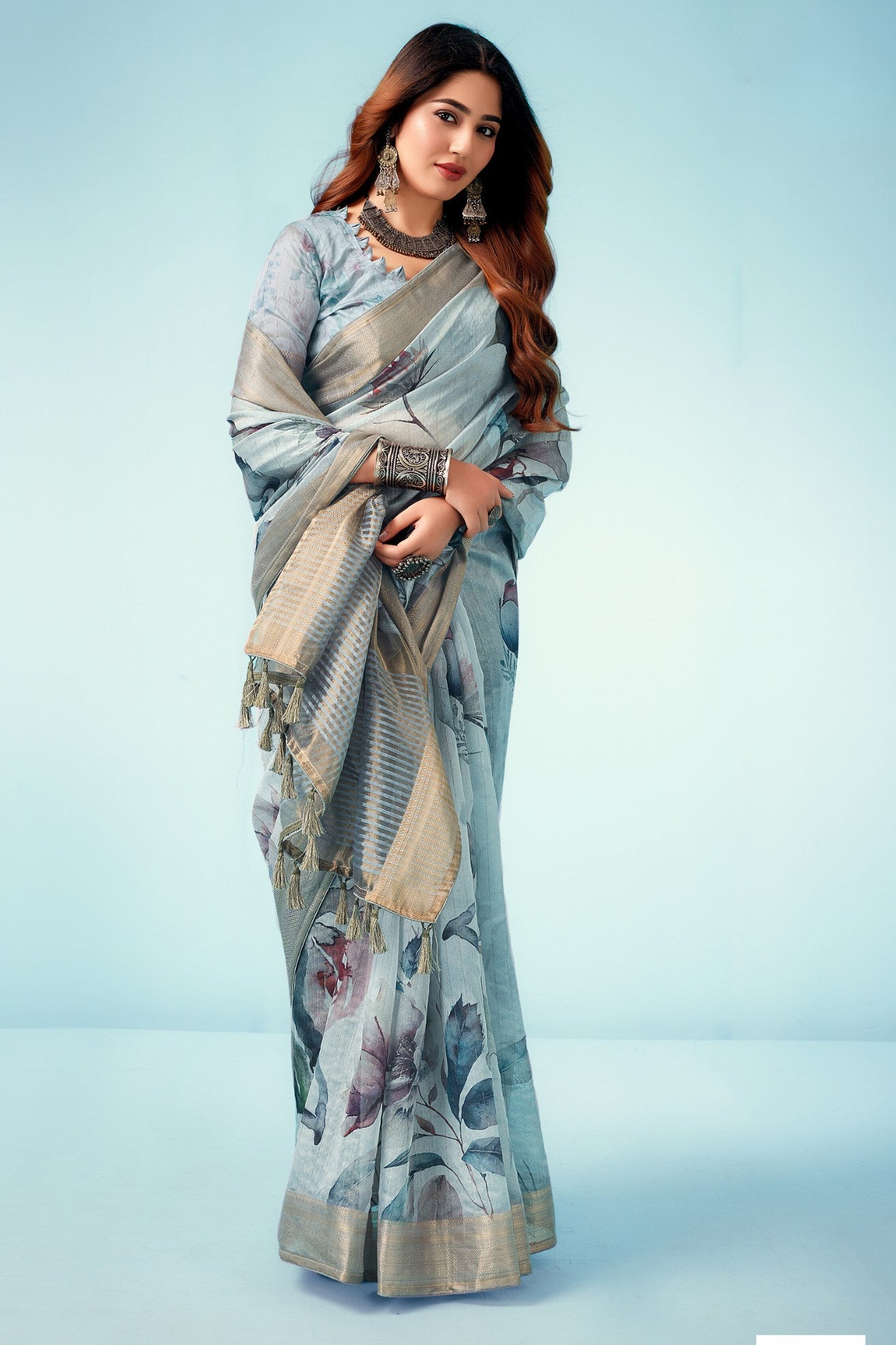 Buy MySilkLove Cascade Blue Floral Linen Saree Online