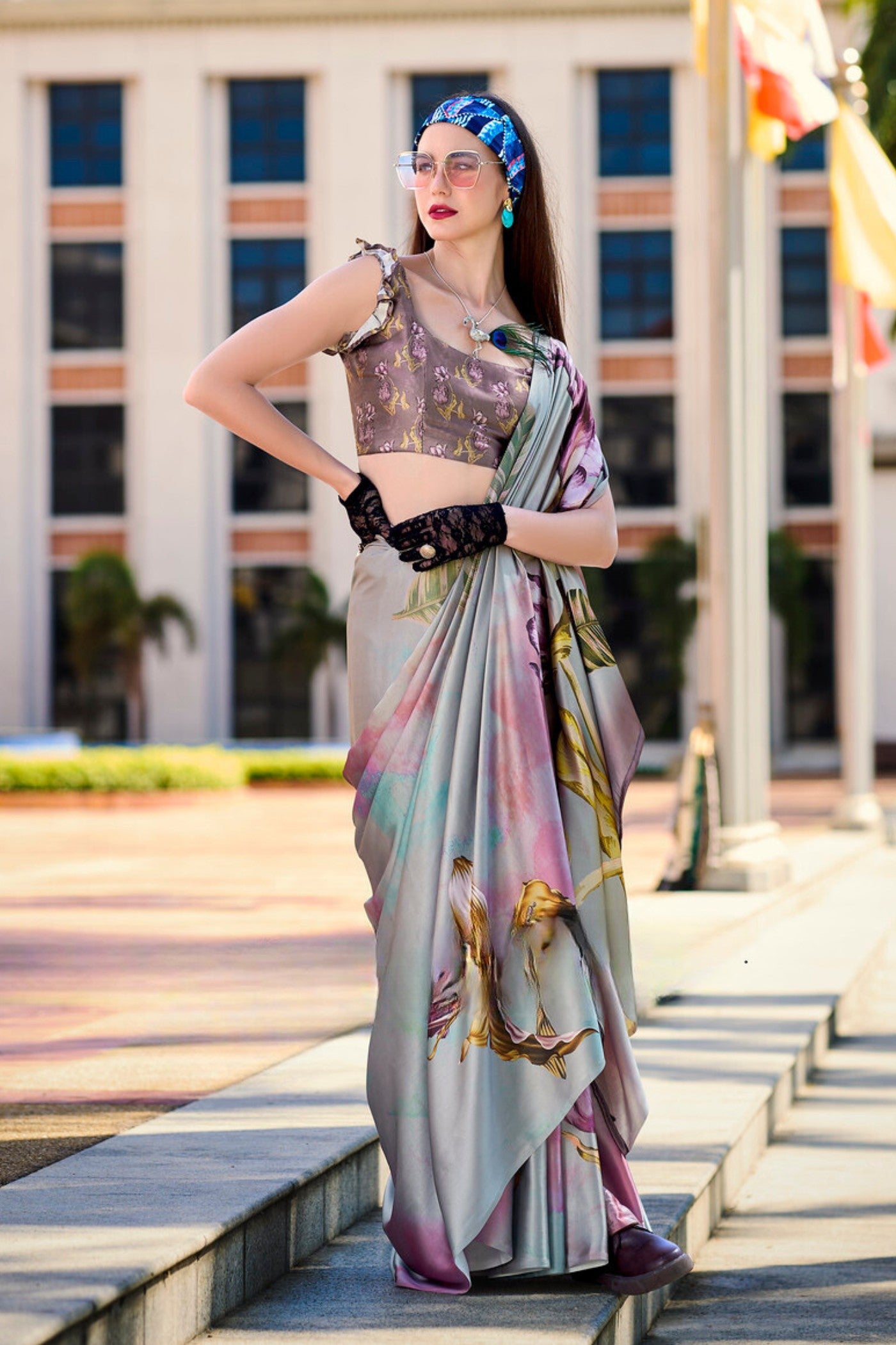 Buy MySilkLove Dusty Grey Printed Satin Crepe Silk Saree Online