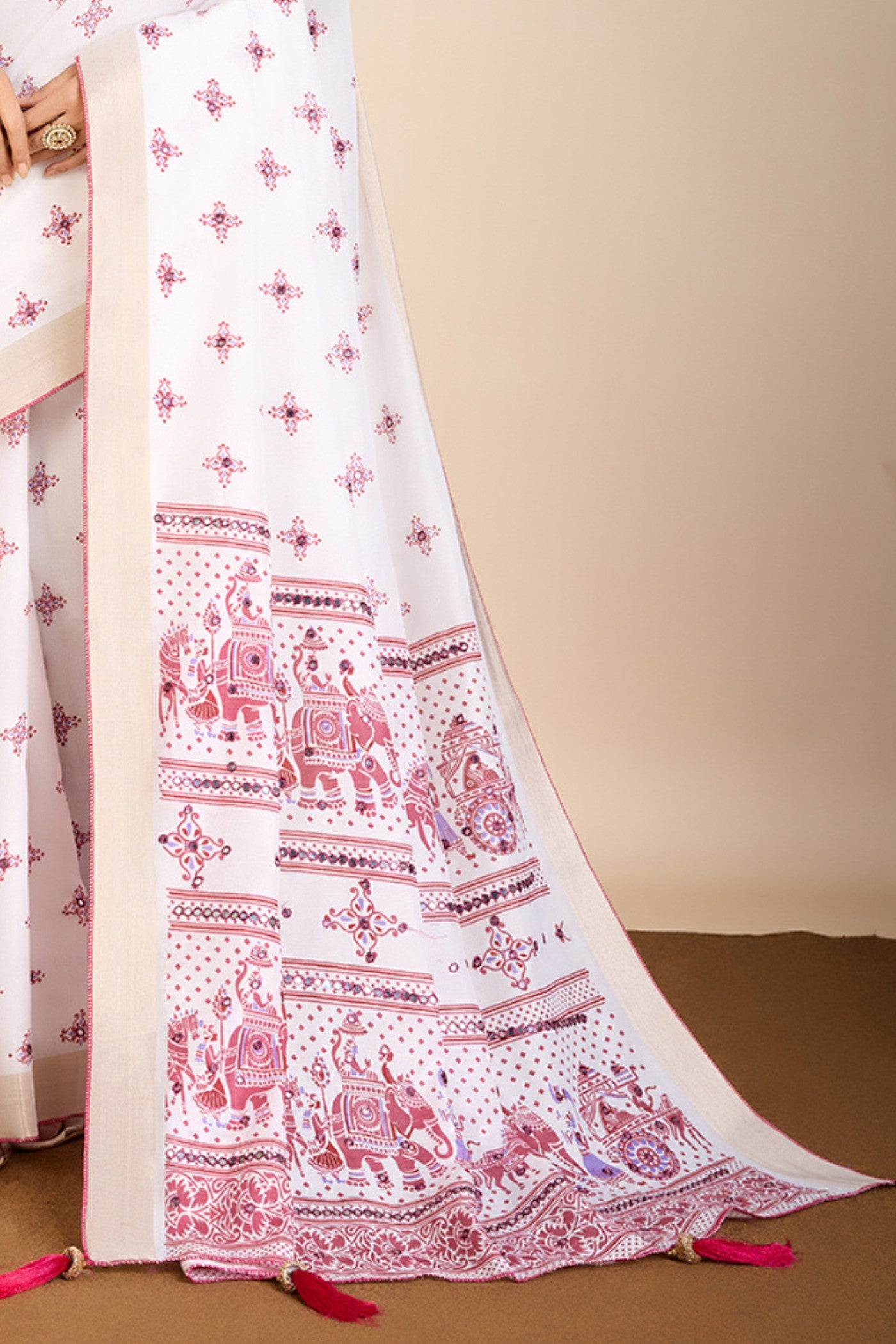 Buy MySilkLove Alice White and Pink Printed Cotton Designer Saree Online