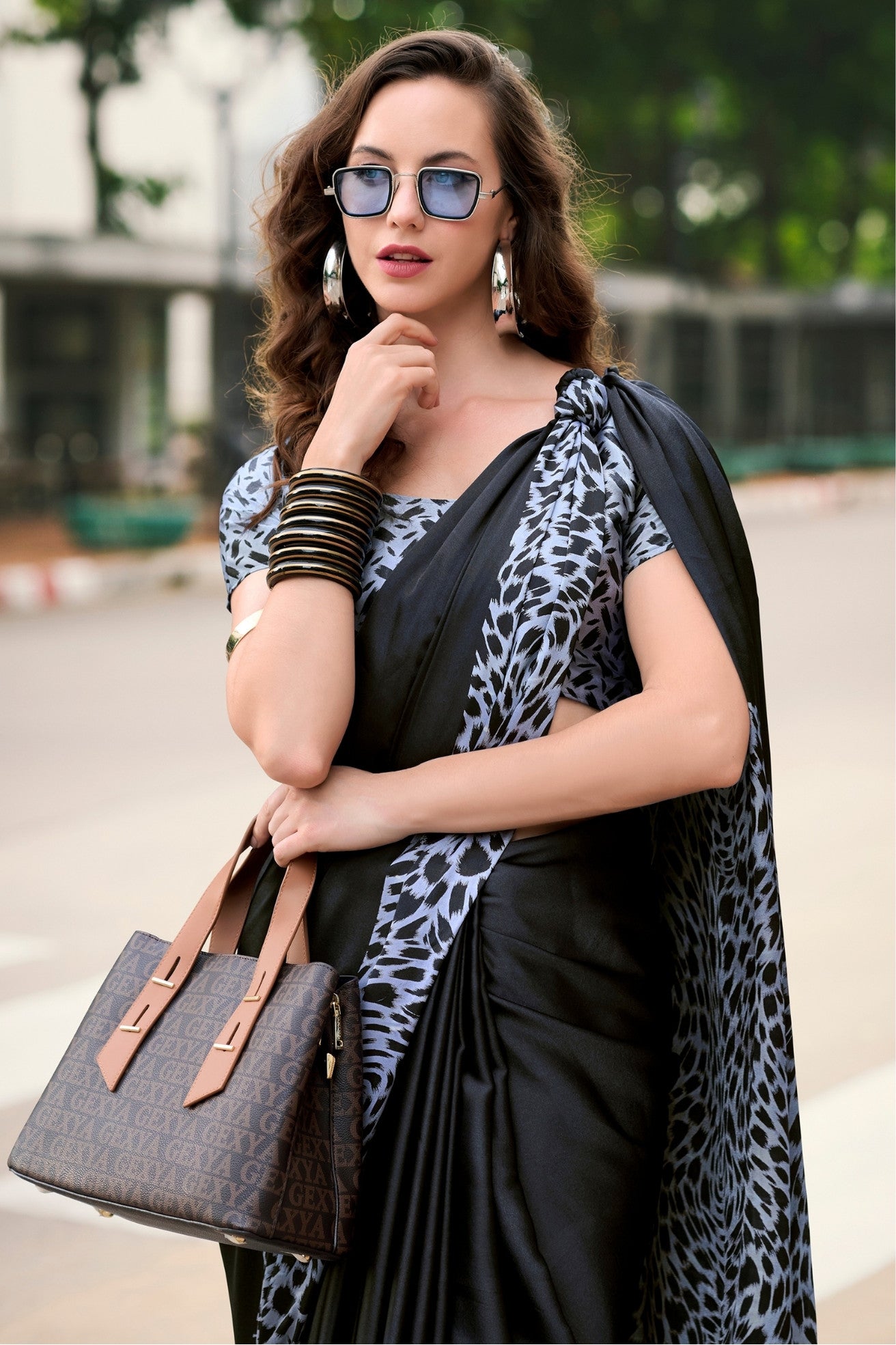 Buy MySilkLove Soot Black Printed Satin Crepe Saree Online