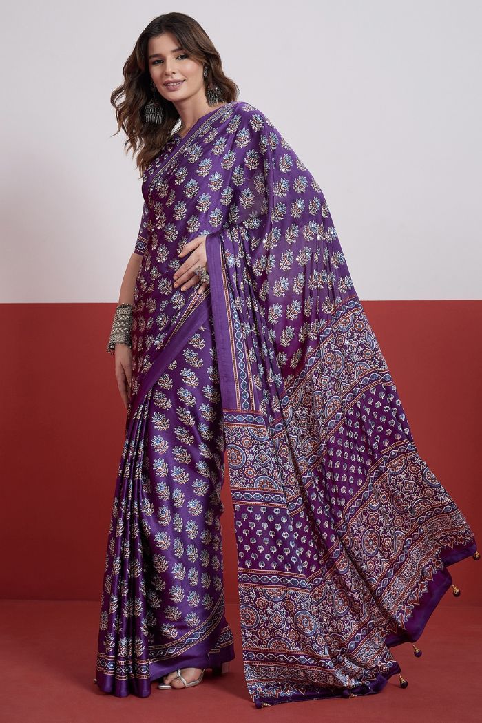 Buy MySilkLove Amethyst Purple Modal Ajrakh Satin Printed Mirror Work Saree Online