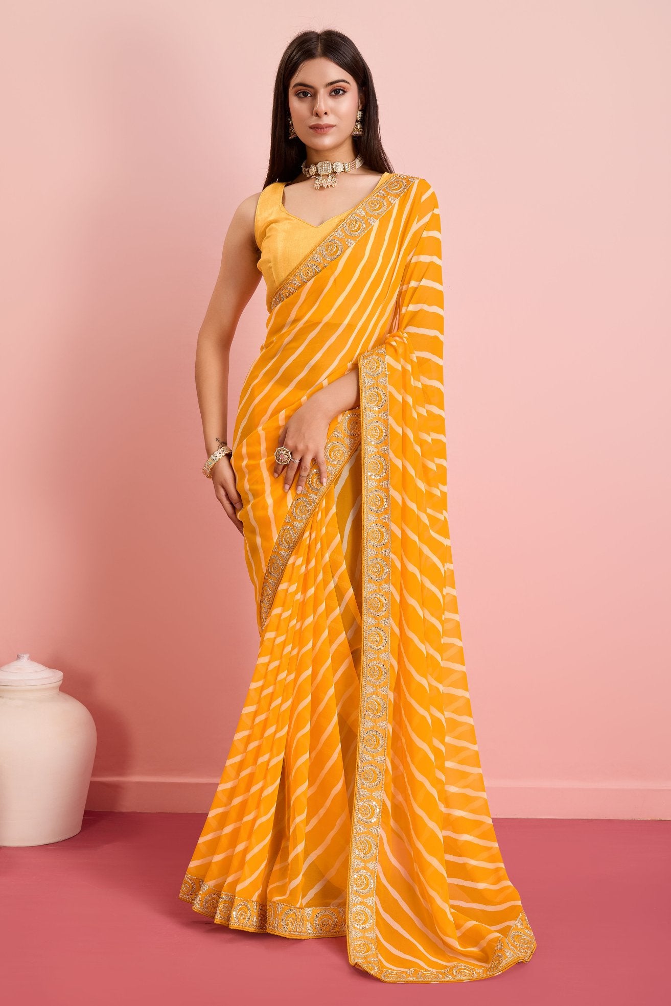 Buy MySilkLove Picasso Yellow Georgette Lehriya Silk saree Online