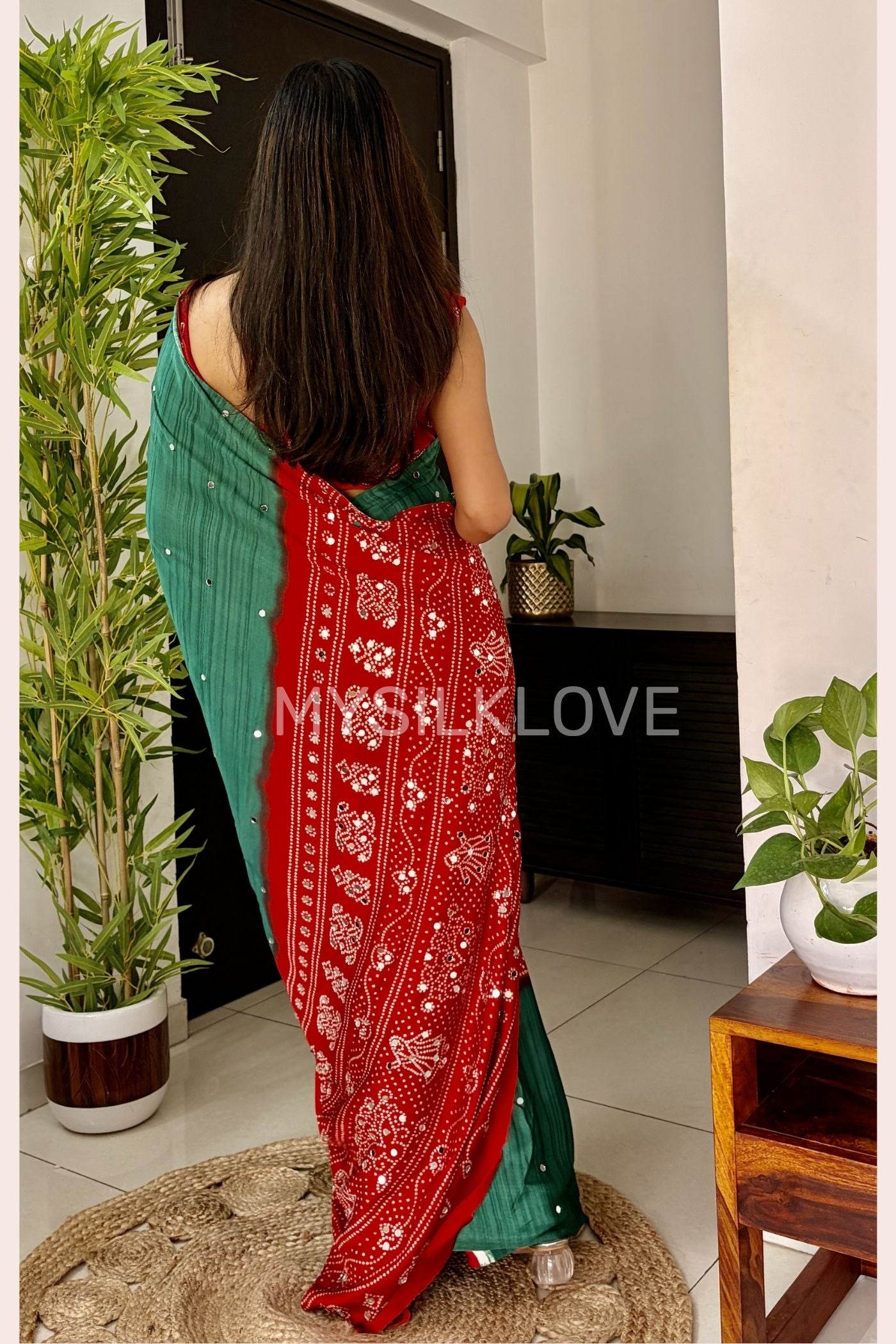 Buy MySilkLove Myrtle Green and Red Gaji Bandej Satin Soft Silk Saree Online