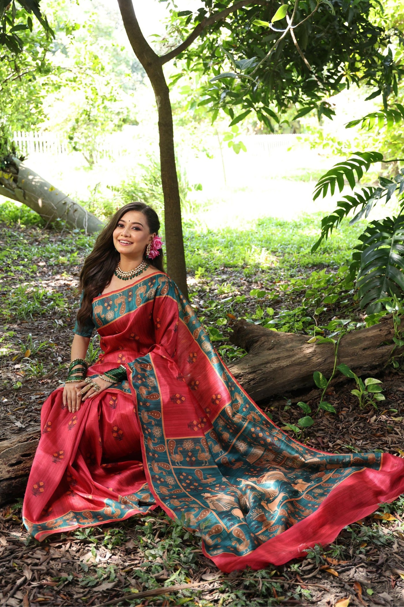 Buy MySilkLove Imperial Red Madhubani Tussar Printed Silk Saree Online