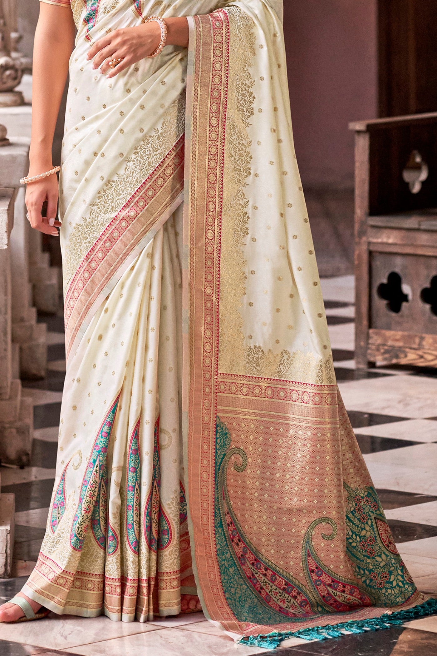 Buy MySilkLove Ice White Banarasi Soft Silk Saree Online