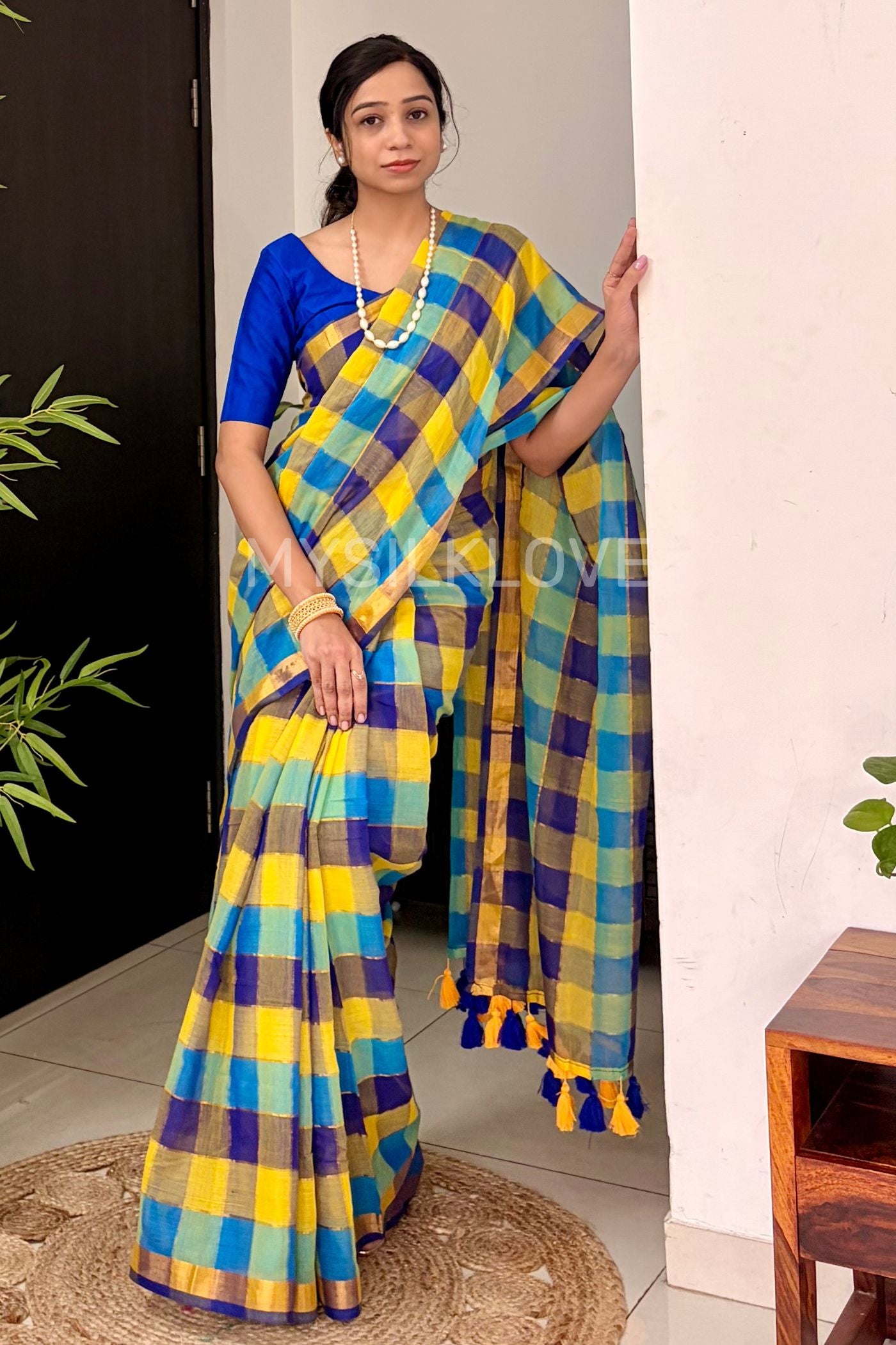 Buy MySilkLove Multicolor Yellow Pure Mul Mul Cotton Checks Pattern Zari woven saree Online