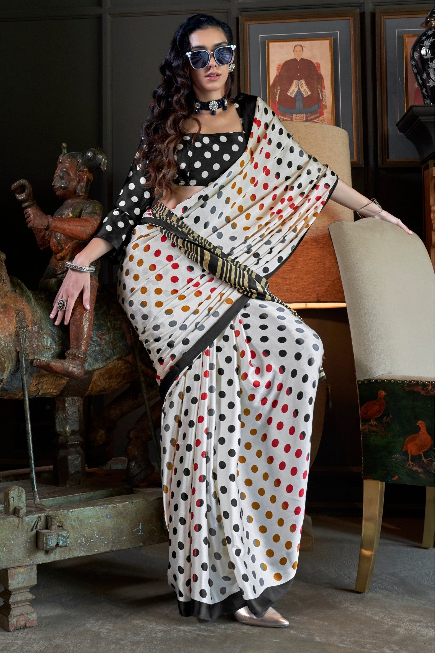 Buy MySilkLove Porcelain White and Black Patola Printed Satin Crepe Saree Online