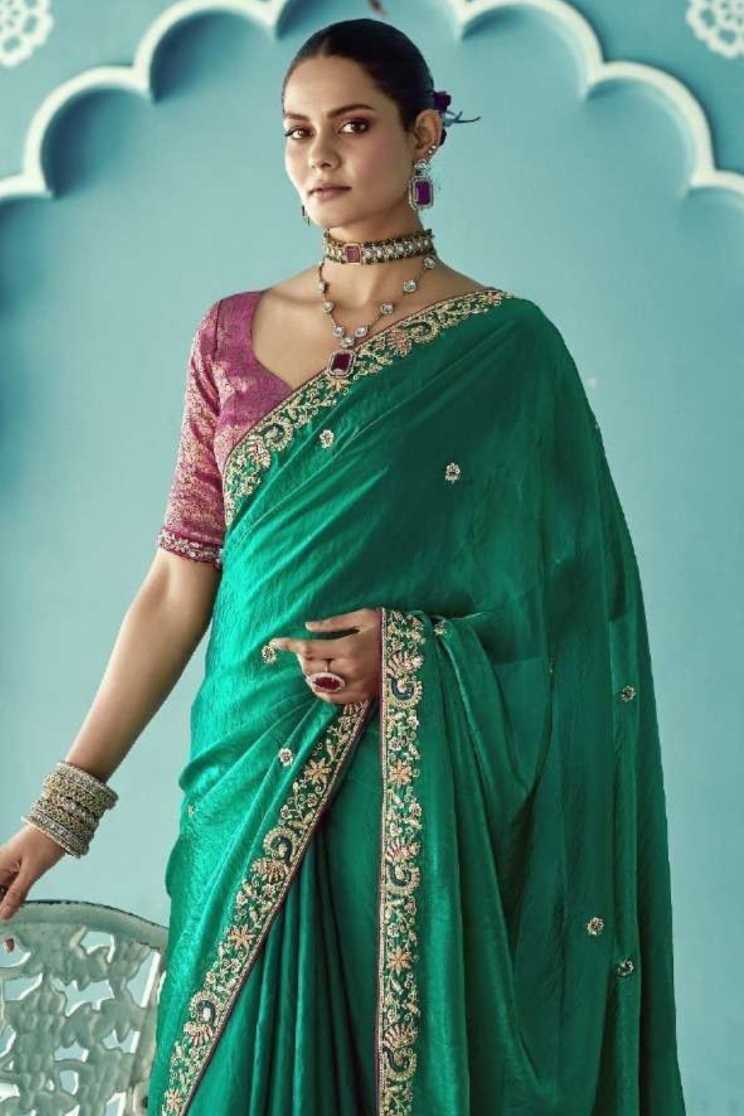 MySilkLove Turtle Green Embroidered Tissue Designer Saree