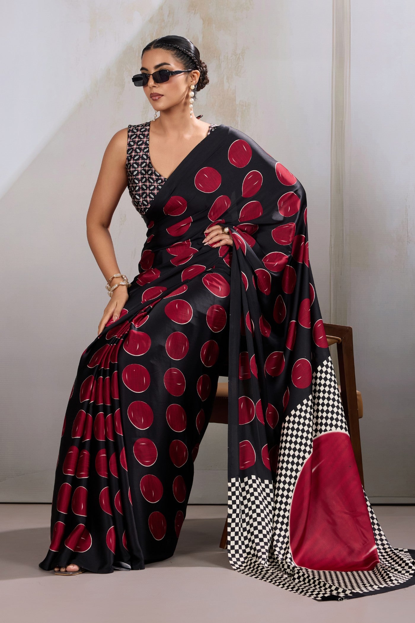 Buy MySilkLove Brink Red Printed Polka Dots Satin Crepe Saree Online