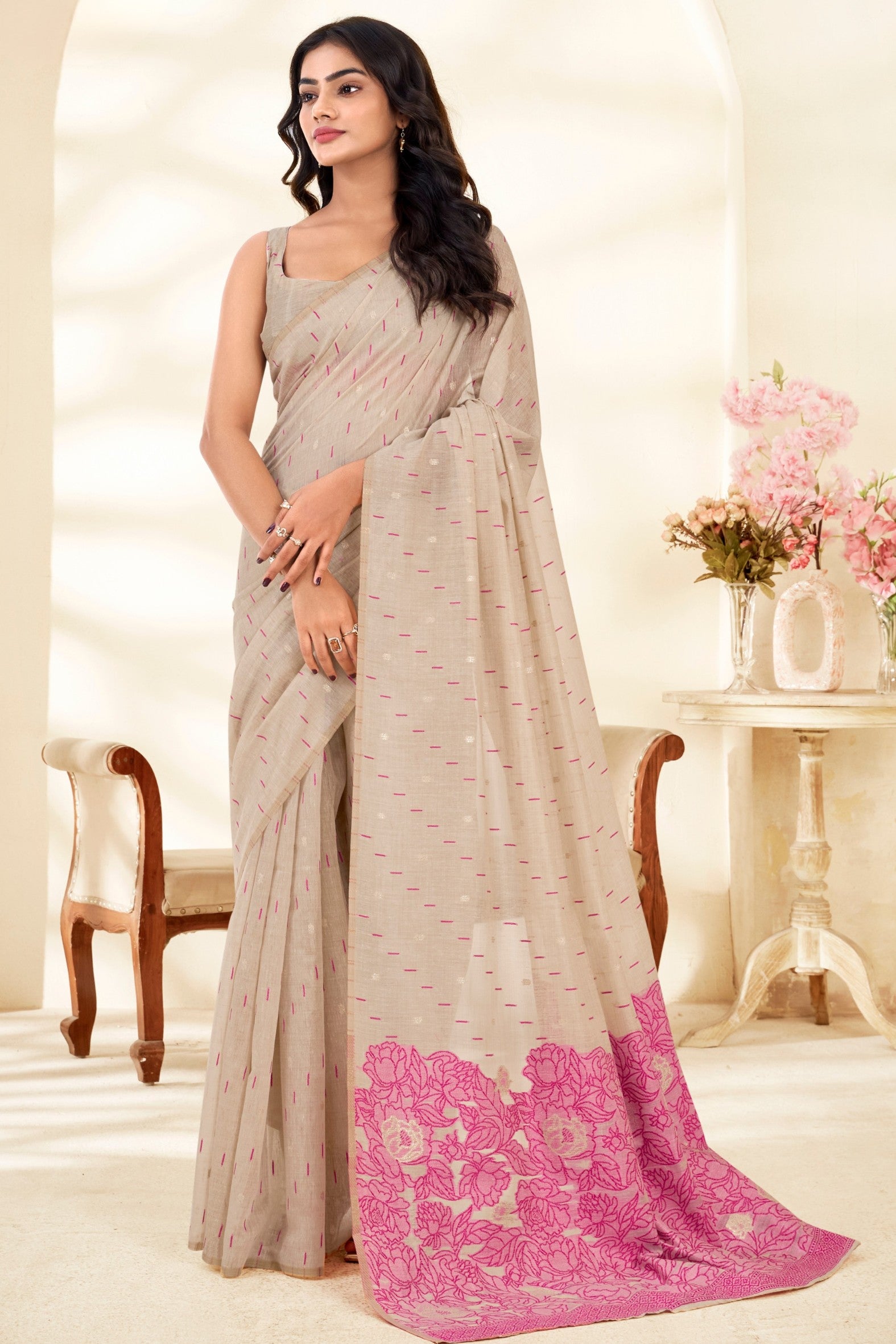 Buy MySilkLove Almond Cream and Pink Woven Modal Cotton Saree Online