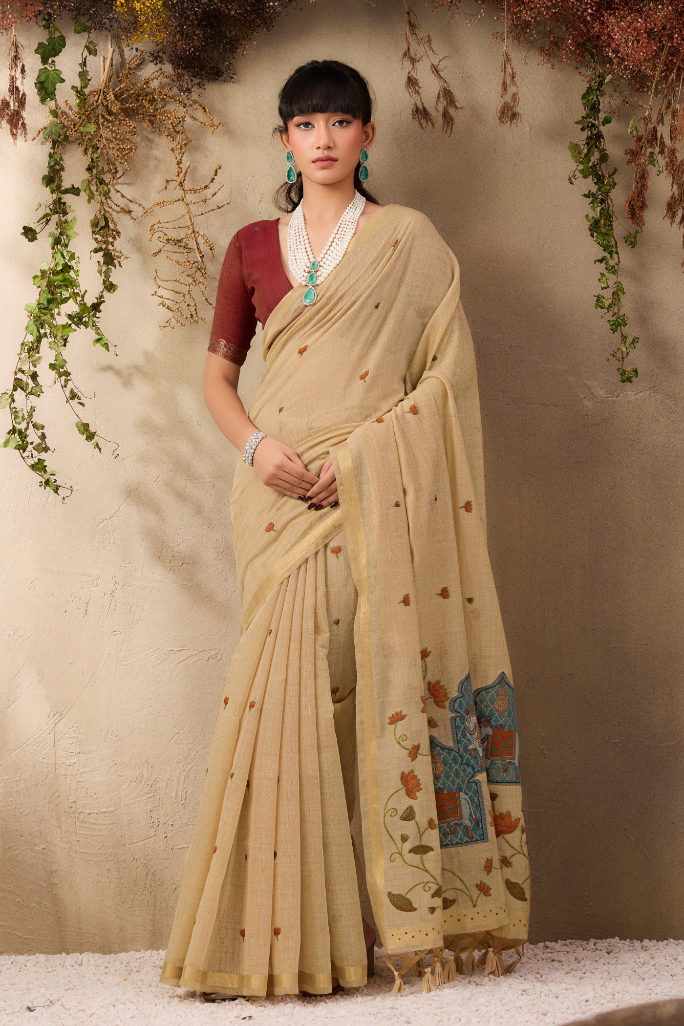 Buy MySilkLove Oyster Cream Handloom Cotton Saree Online